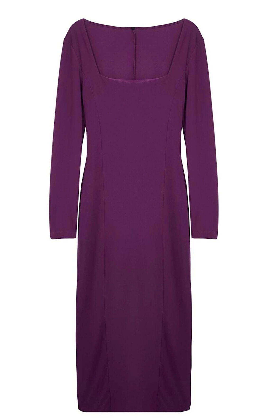 Kadın Moda Şık Midi Boy Kare Yaka Fitted Düz Bodycone Vücuda Oturan Esnek Örme Elbise