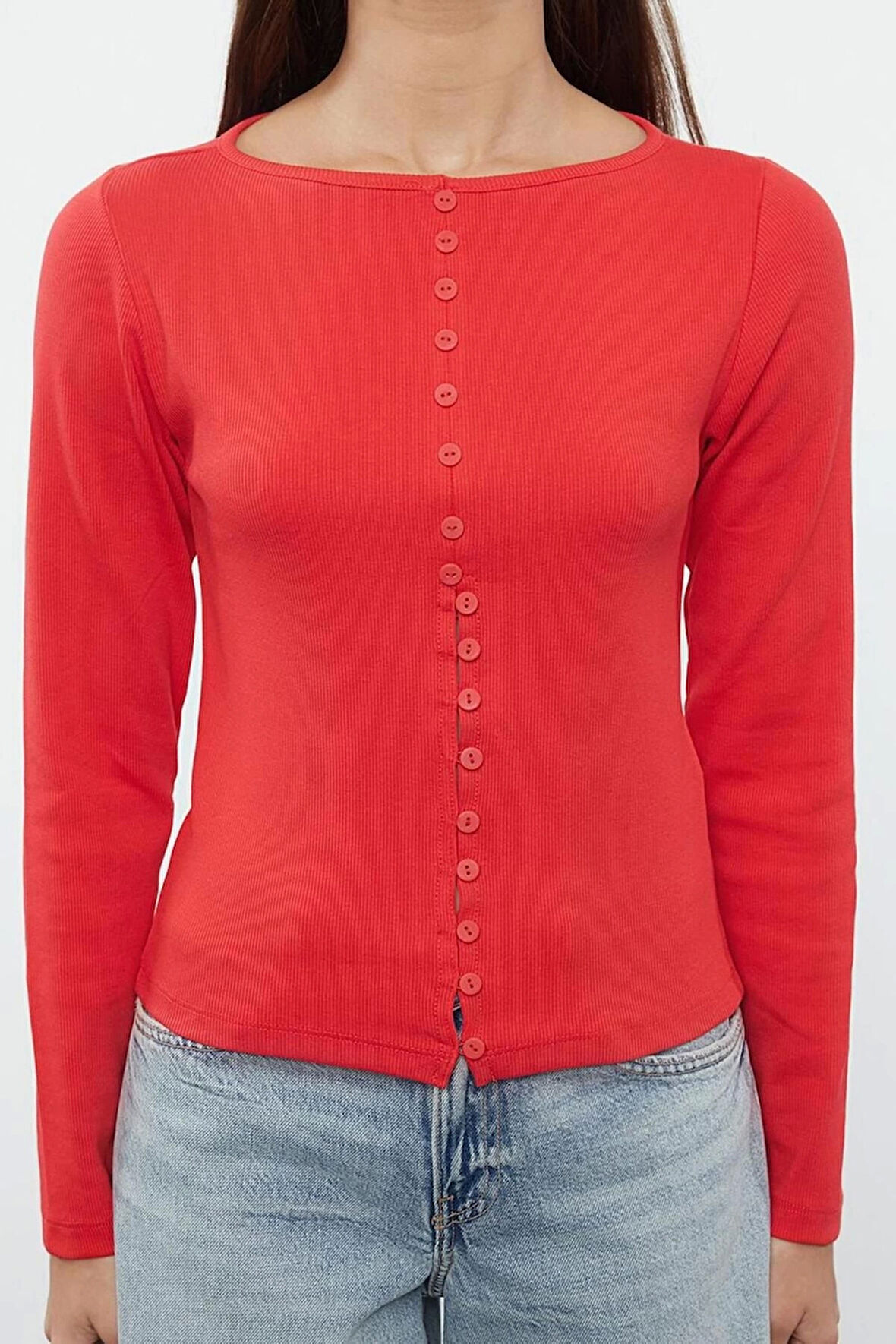 Kadın Moda Şık Regular Bisiklet Yaka Fitted Kalıp Örme Düğme Detaylı Fitilli Esnek Boy Bluz