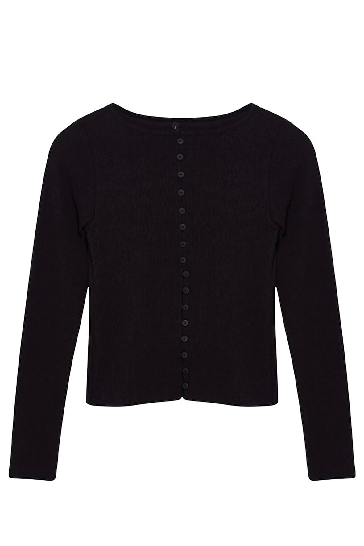 Kadın Moda Şık Regular Bisiklet Yaka Fitted Kalıp Örme Düğme Detaylı Fitilli Esnek Boy Bluz