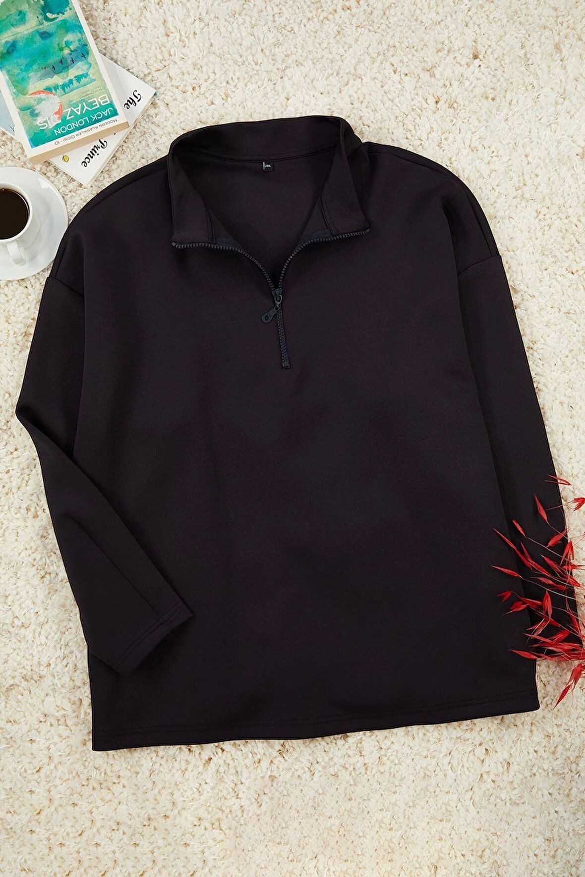 Kadın Büyük Beden Moda Şık Oversize Dik Yaka Düşük Kol Uzun Geniş Kalıp Örme Sweatshirt