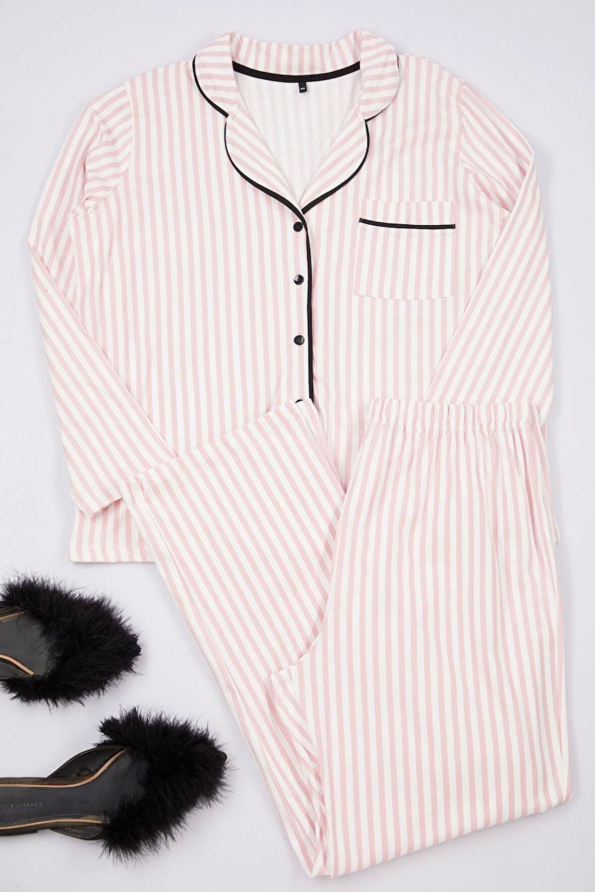 Kadın Moda Şık Büyük Beden Gömlek Yaka Geniş Paça Uzun Kol Çizgili Biyeli Örme Pijama Takımı