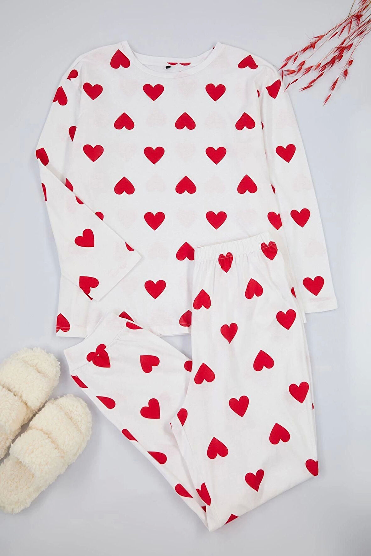 Kadın Moda Şık Büyük Beden Bisiklet Yaka Dar Paça Uzun Kol Kalpli T-shirt-Jogger Örme Pijama Takımı