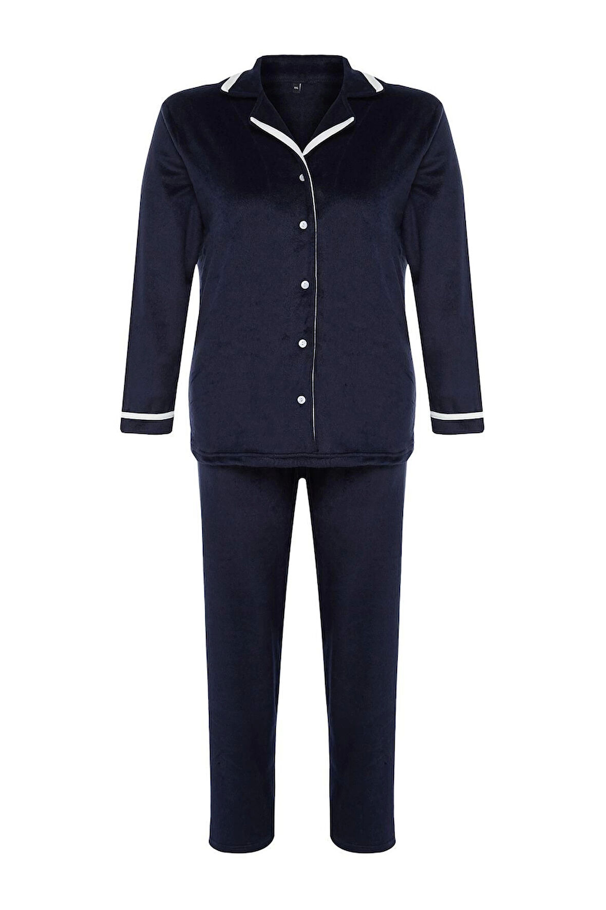 Kadın Moda Şık Büyük Beden Ceket Yaka Boru Paça Uzun Kol Gömlek Yaka Biyeli Polar Örme Pijama Takımı