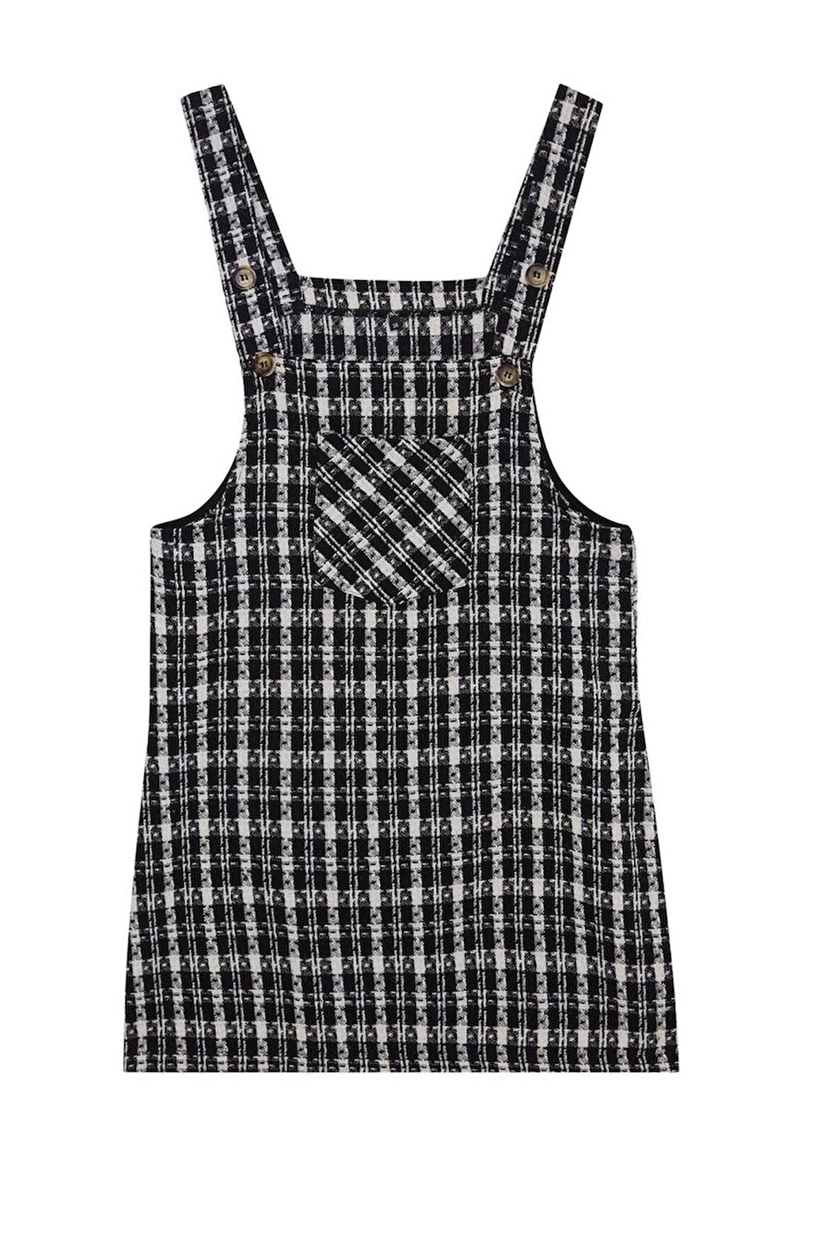 Kadın Moda Şık Mini Boy Kare Yaka Fitted Ekose Kareli Jile Dokuma Elbise