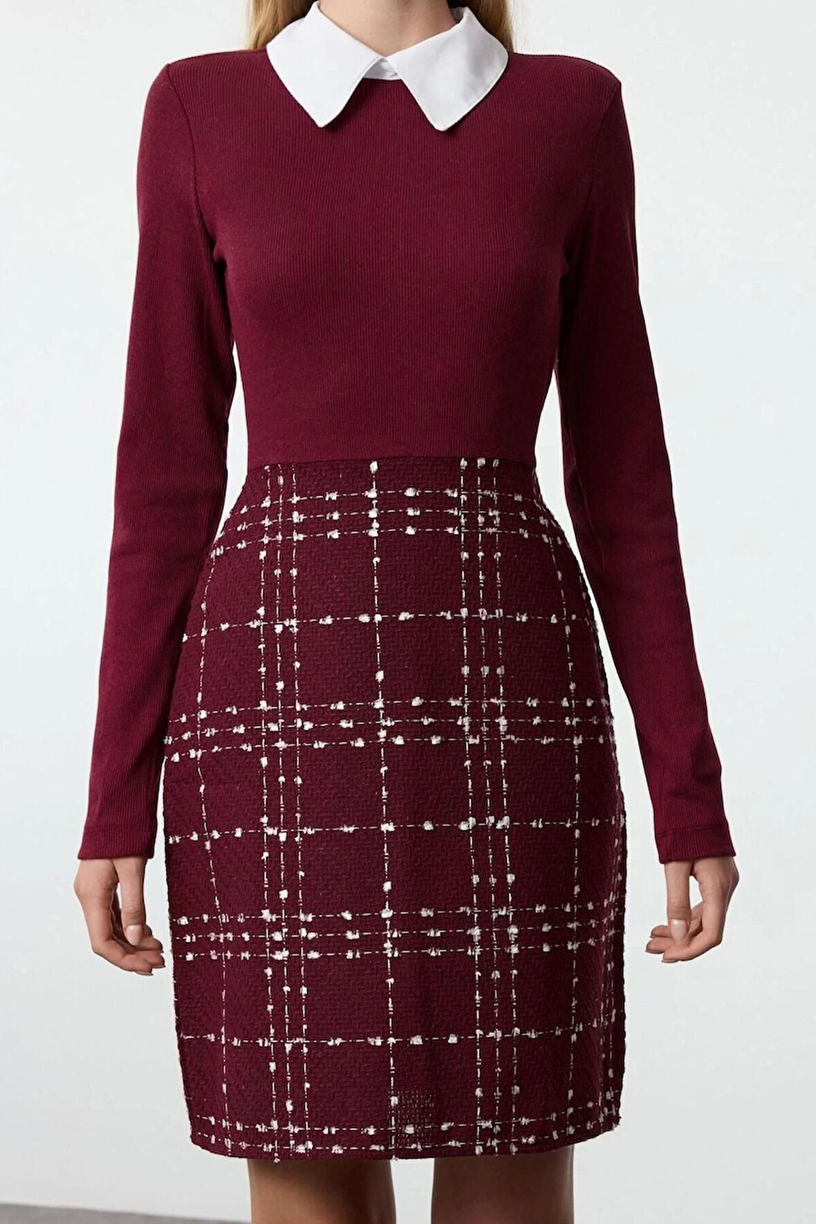 Kadın Moda Şık Mini Boy Gömlek Yaka Regular Ekose Kareli Örme Detaylı Dokuma Elbise