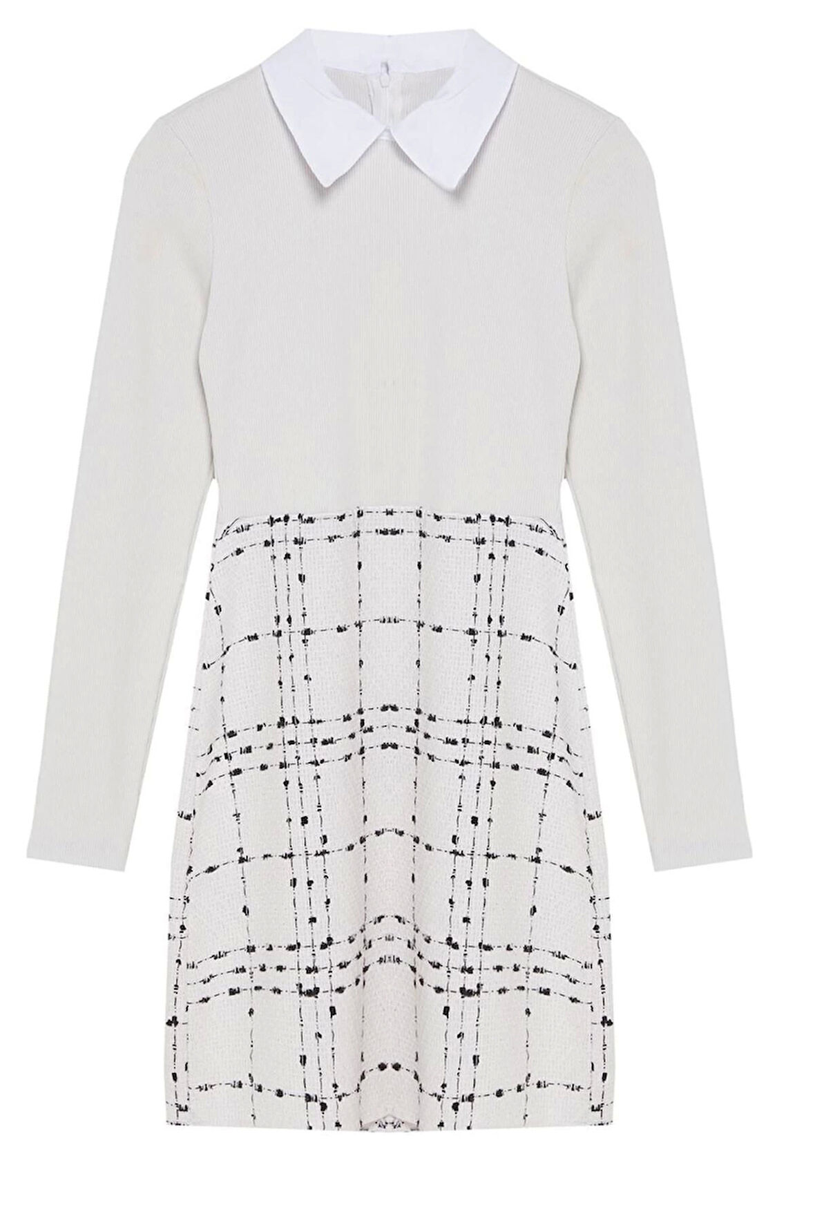 Kadın Moda Şık Mini Boy Gömlek Yaka Regular Ekose Kareli Örme Detaylı Dokuma Elbise