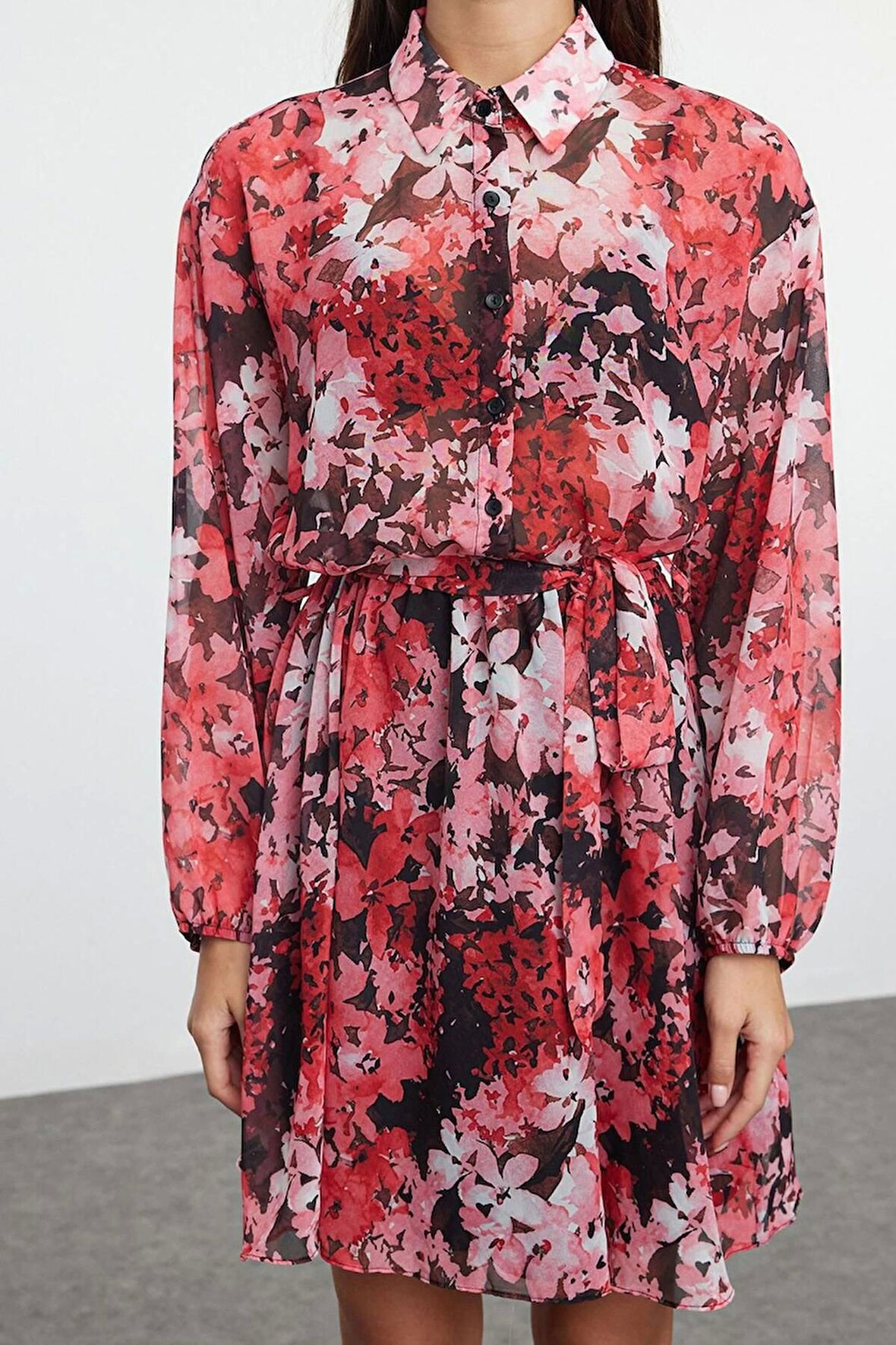 Kadın Moda Şık Mini Boy Gömlek Yaka Regular Belden Açılan Astarlı Şifon Dokuma Elbise