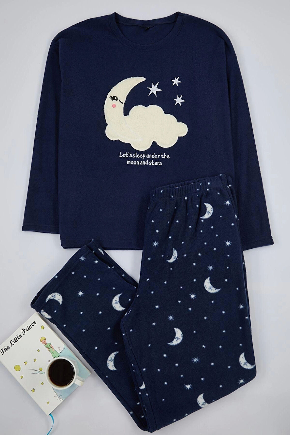 Kadın Moda Şık Büyük Beden Bisiklet Yaka Boru Paça Uzun Kol Galaksi Desenli Polar Örme Pijama Takımı