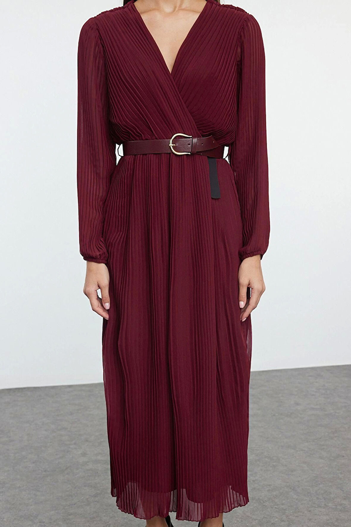 Kadın Moda Şık Midi Boy Kruvaze Regular Kemerli Düz Kemerli Dokuma Elbise