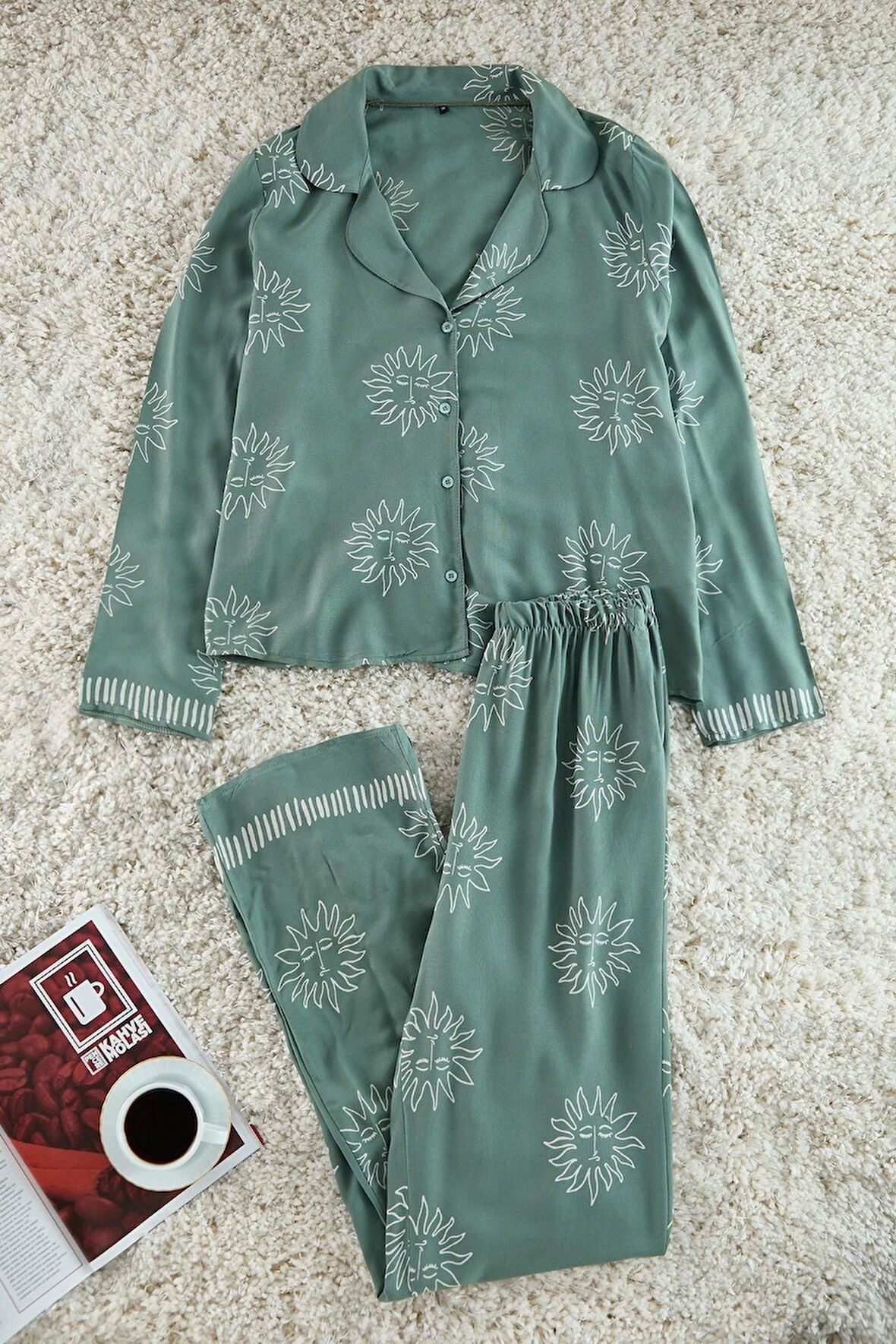 Kadın Moda Şık Gömlek Yaka Boru Paça Uzun Kol Güneş Desenli Viskon Dokuma Pijama Takımı