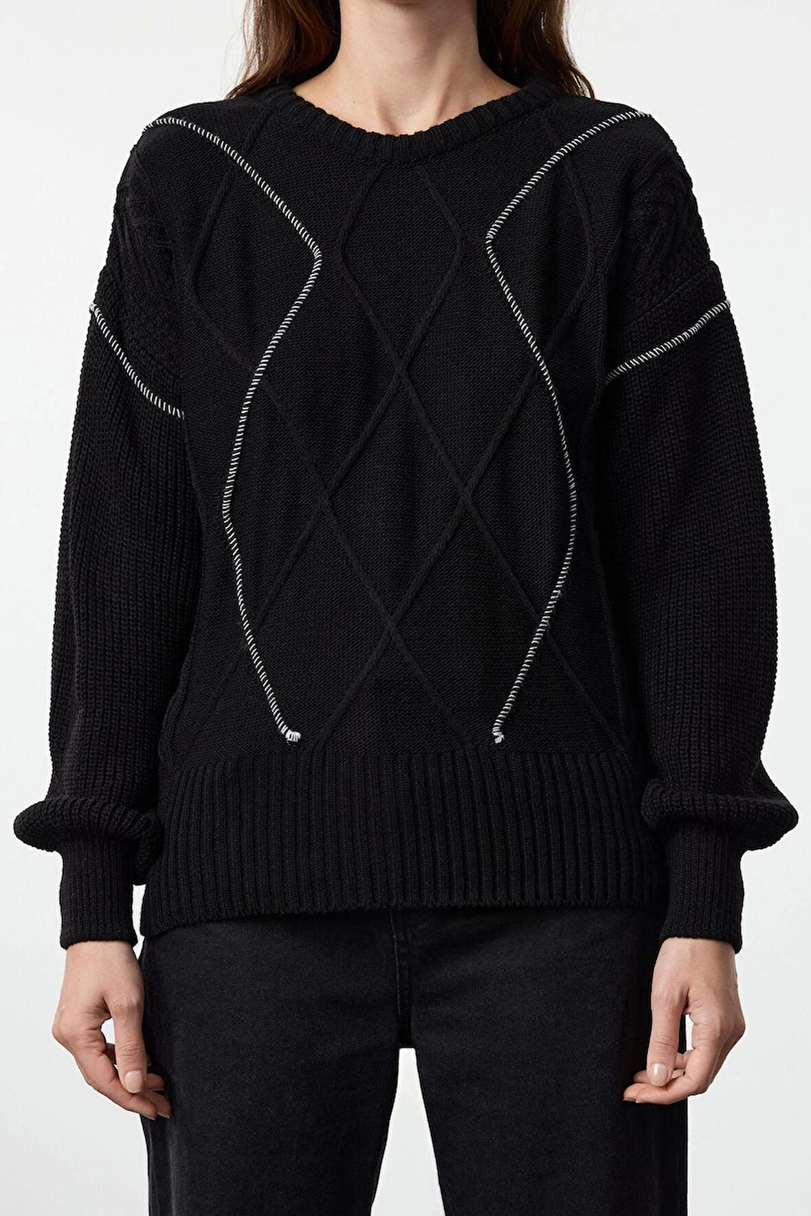 Kadın Moda Şık Bisiklet Yaka Standart Kol Regular Geniş Kalıp Örgü Detaylı Triko Kazak