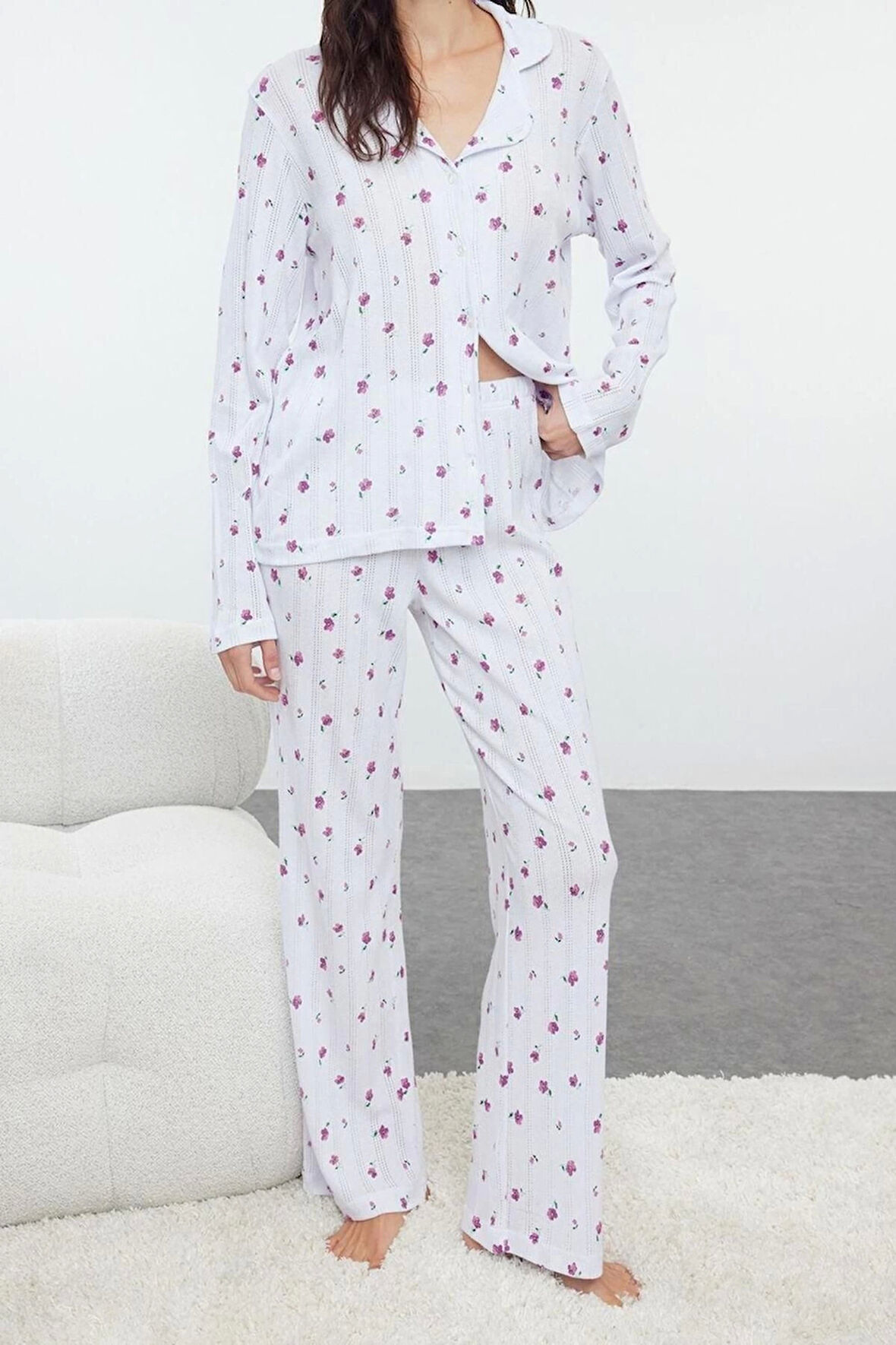 Kadın Gömlek Yaka Boru Paça Uzun Kol %100 Pamuklu Çiçekli Ajurlu Delikli Fitilli Örme Pijama Takımı