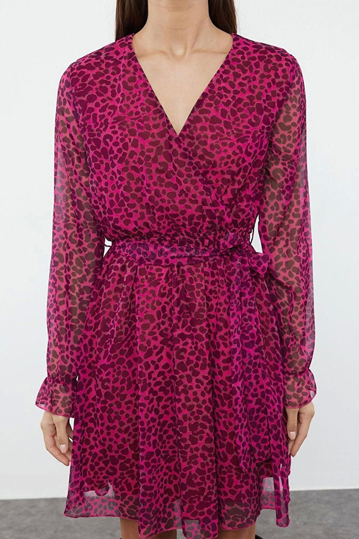 Kadın Moda Şık Mini Boy Kruvaze Regular Çiçekli Animal Desenli Kuşaklı Dokuma Elbise