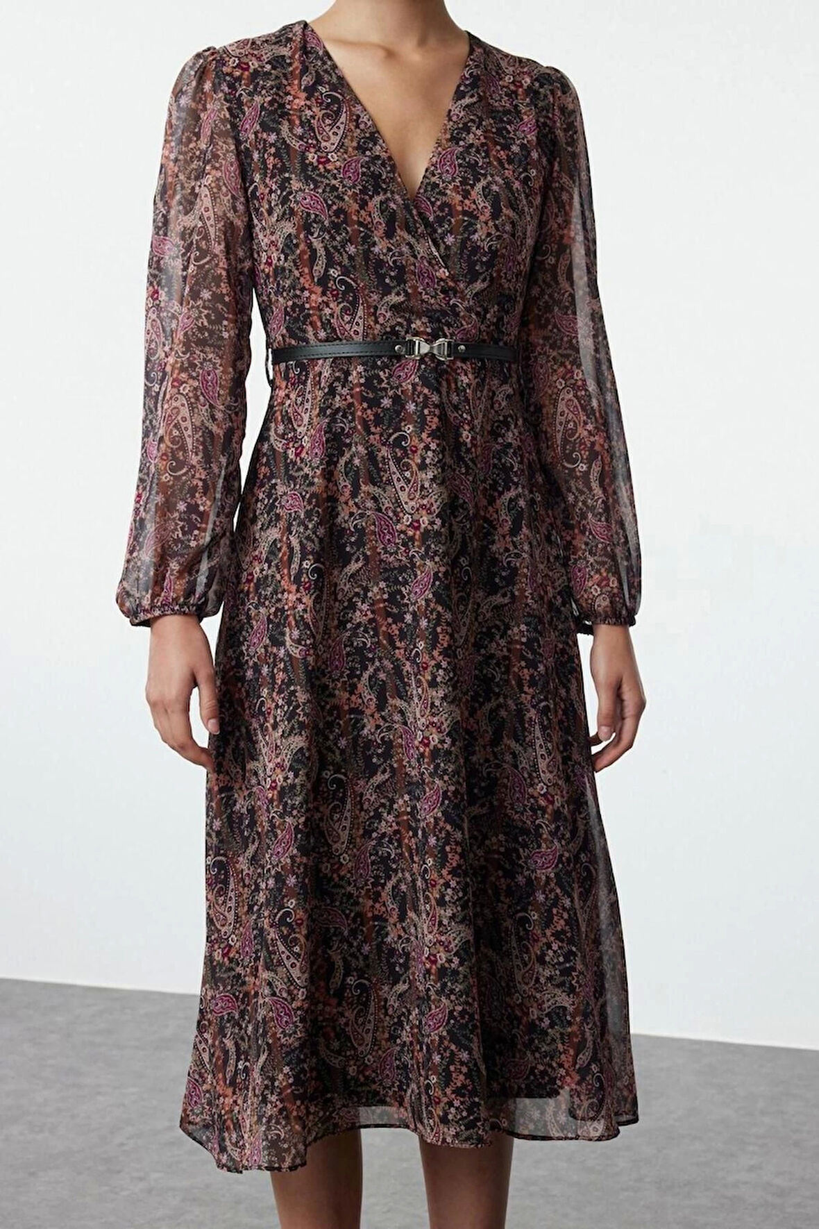 Kadın Moda Şık Midi Boy Kruvaze Regular Çiçekli Kemerli A Kesim Yaka Desenli Şifon Dokuma Elbise