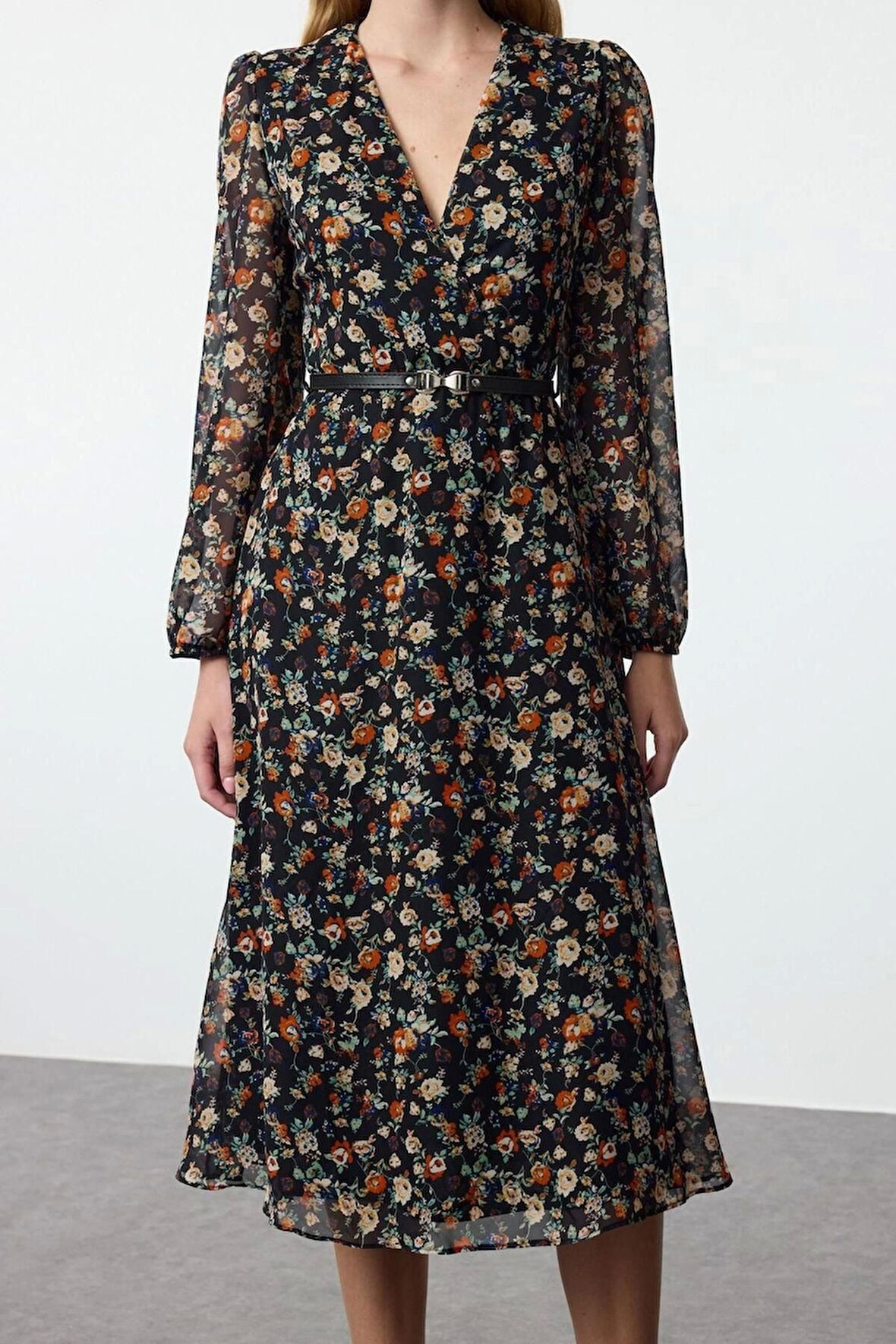 Kadın Moda Şık Midi Boy Kruvaze Regular Çiçekli Kemerli A Kesim Yaka Desenli Şifon Dokuma Elbise