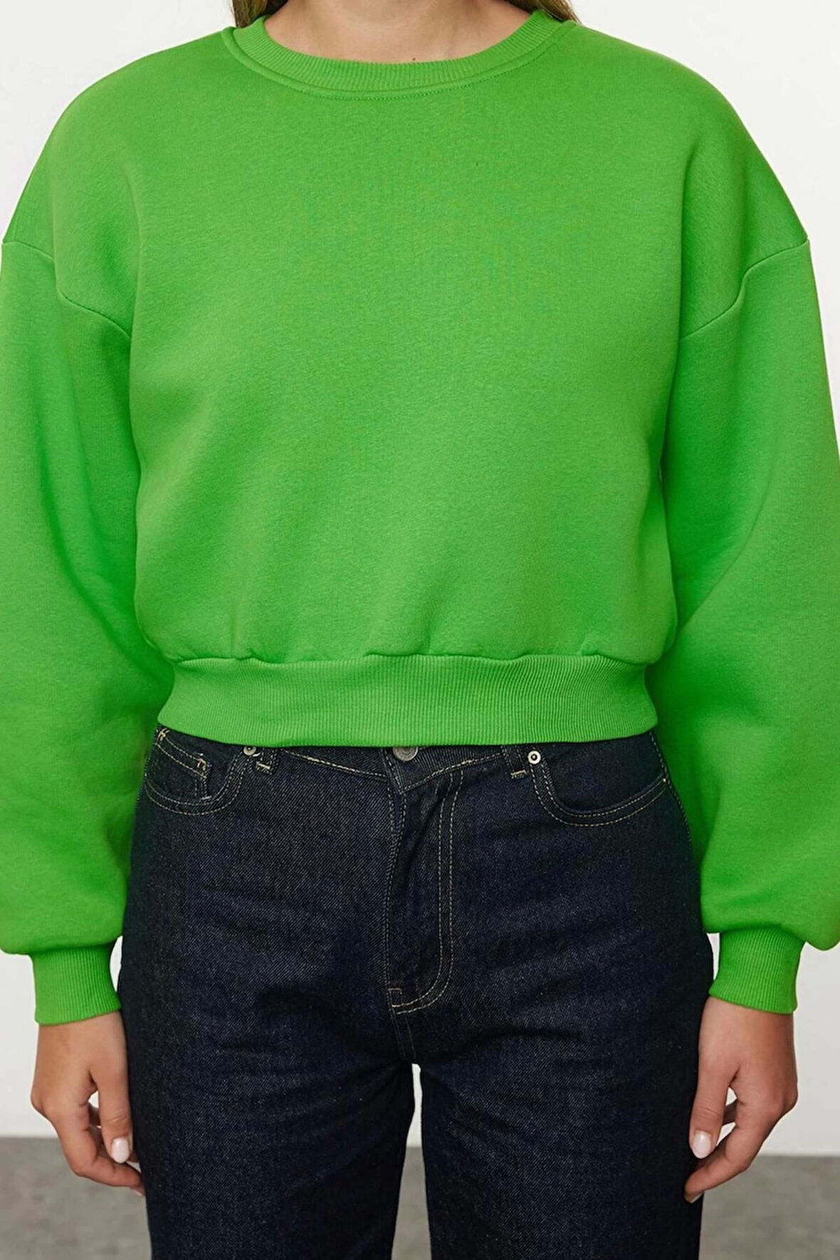 Kadın Moda Şık Crop Dik Yaka Düşük Kol Crop Rahat Kesim Crop Basic Kalın İçi polarlı Örme Sweatshirt
