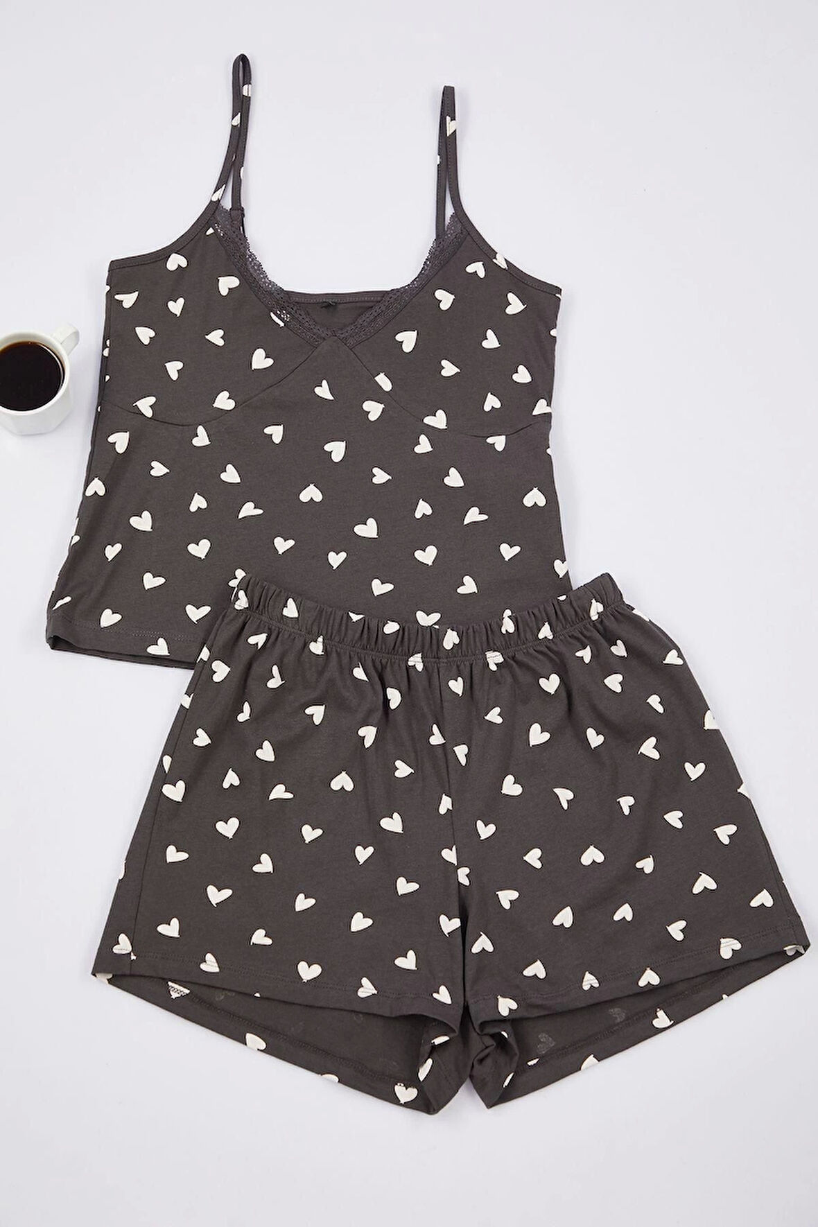 Kadın Moda Şık V Yaka Boru Paça Askılı Kol %100 Pamuklu Kalpli Dantel Detaylı İp Örme Pijama Takımı