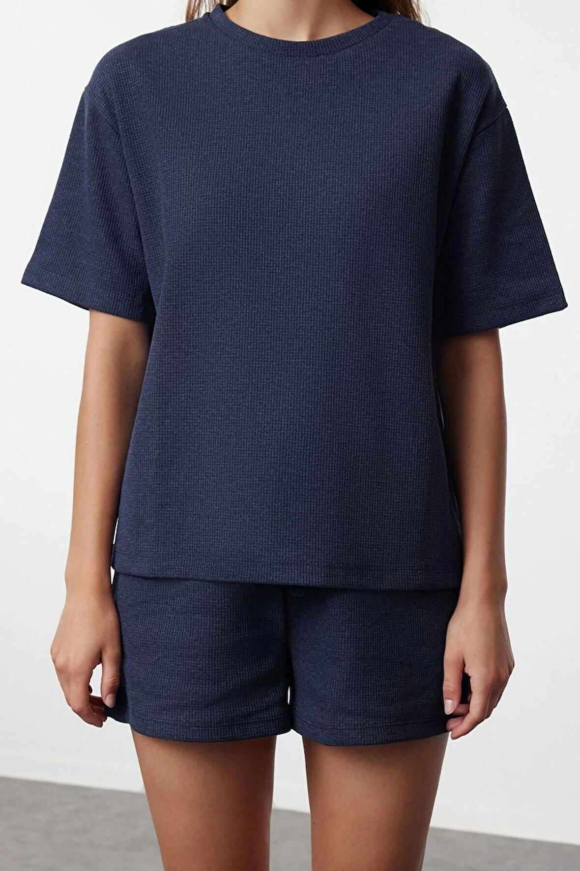 Kadın Pamuklu Bisiklet Yaka Kısa Kol Pamuklu Waffle Kumaş Örme Pijama Takımı