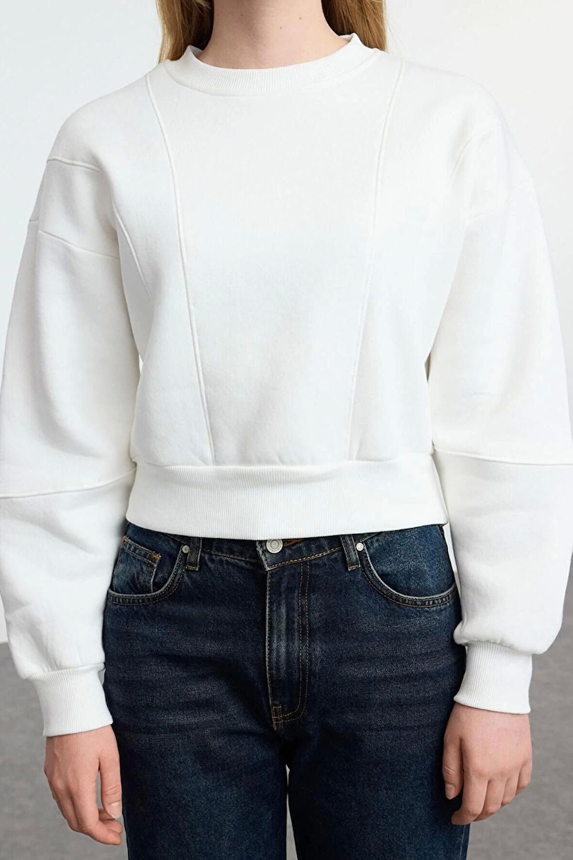Kadın Bisiklet Yaka Düşük Kol Kalın İçi Polarlı Dikiş Detaylı Normal Kalıp Örme Sweatshirt