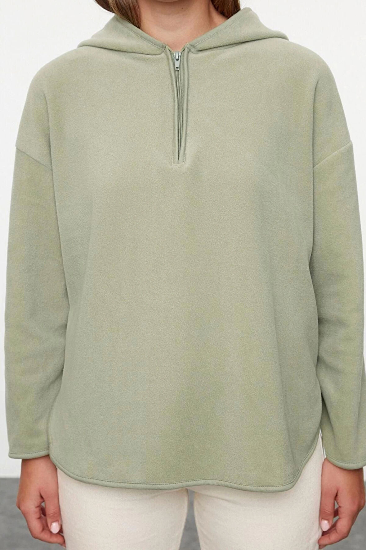 Kadın Moda Şık Bol Kapüşonlu Düşük Kol Uzun Kalın Polar ve Fermuarlı Geniş Kalıp Örme Sweatshirt