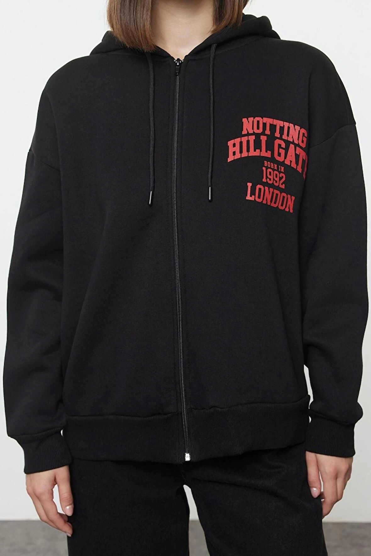 Kadın Moda Şık Bol Kapüşonlu Düşük Kol Uzun Sırt Baskılı Fermuarlı Kalın İçi Polarlı Örme Sweatshirt