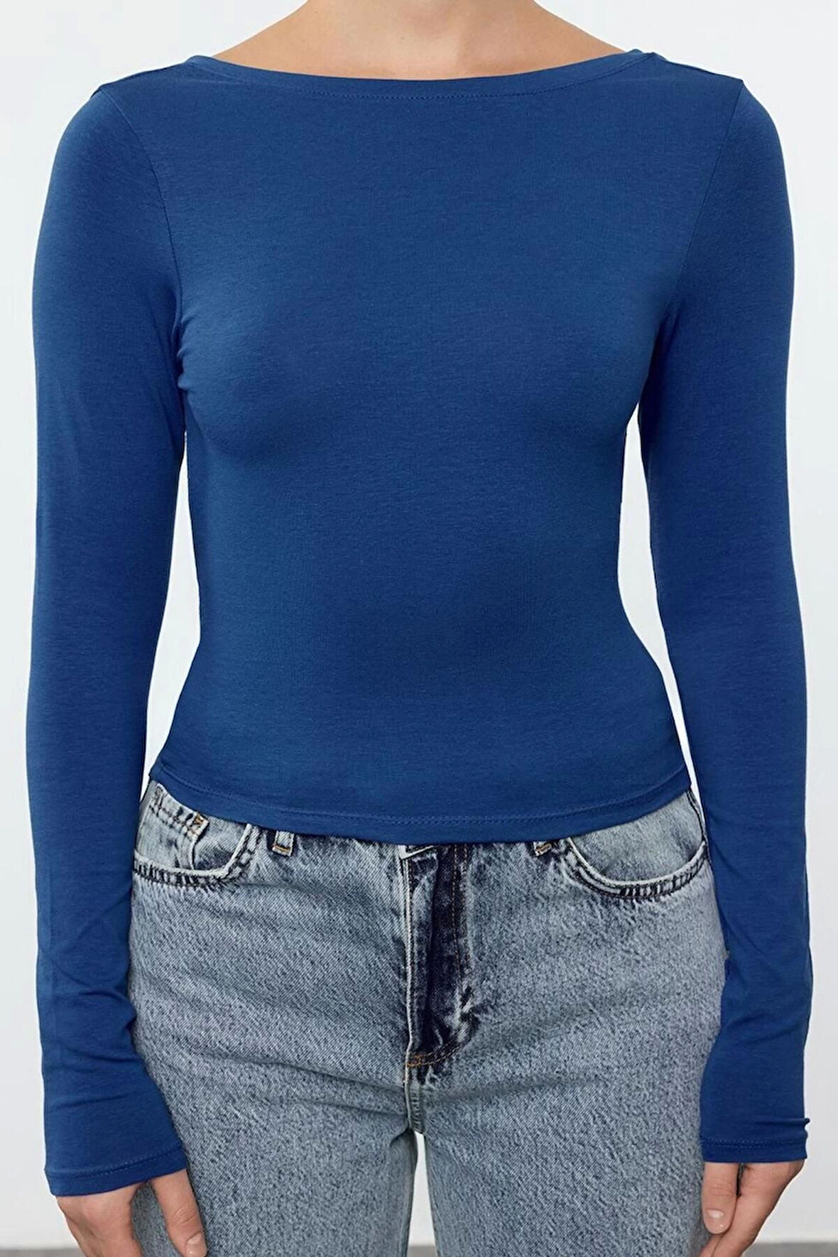 Kadın Regular Slim Kalıp Örme Derin Sırt Dekolteli Fitted Vücuda Oturan Pamuklu Esnek Bluz