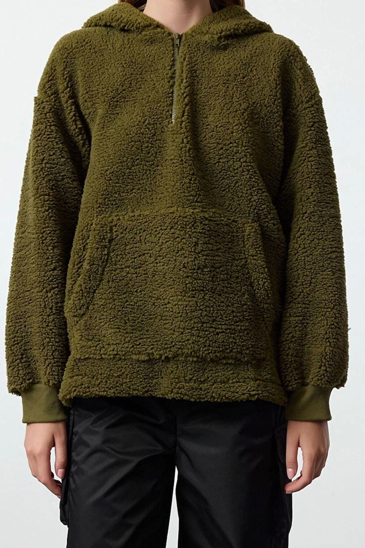 Kadın Moda Şık Bol Kapüşonlu Düşük Kol Uzun Fermuarlı Overize Geniş Kalıp Peluş Örme Sweatshirt
