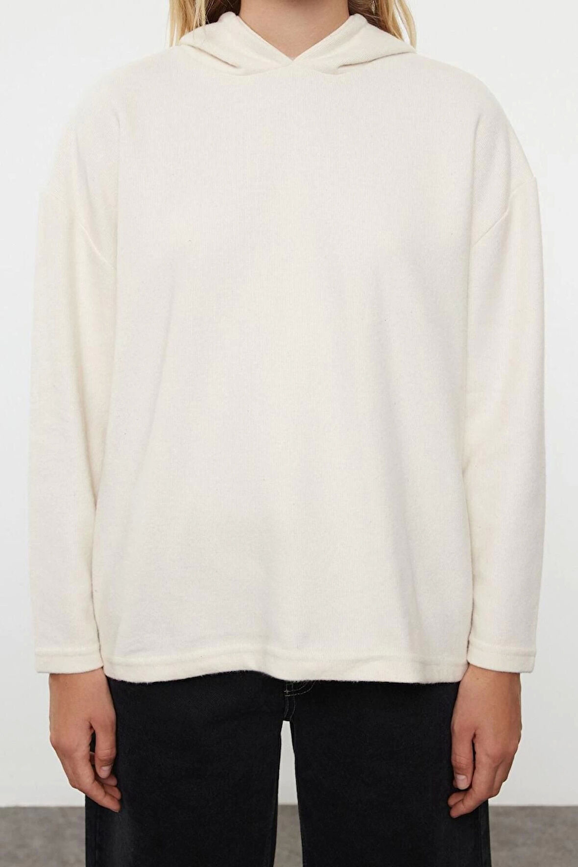 Kadın Moda Şık Bol Kapüşonlu Düşük Kol Uzun Selanik Geniş Kalıp Örme Sweatshirt