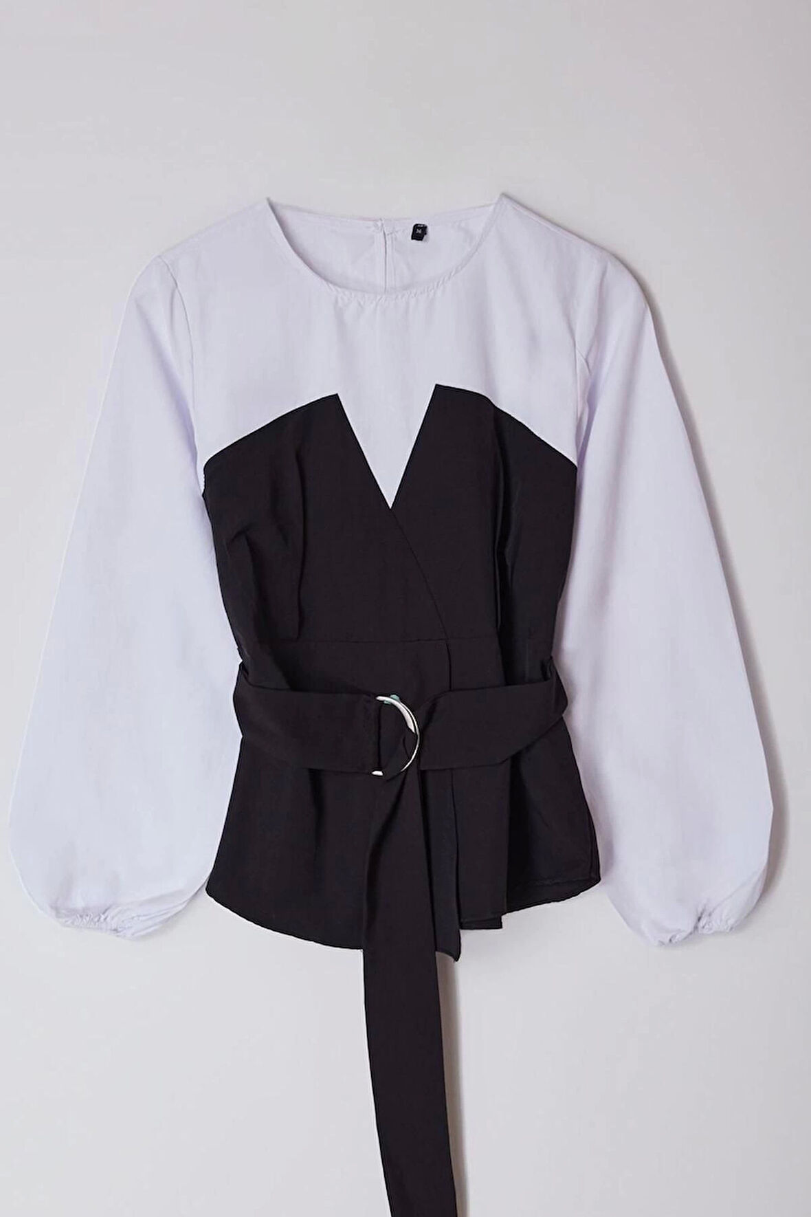 Kadın Moda Şık Üst Giyim Regular Bisiklet Yaka Balon Kol Slim Kalıp Dokuma lu Kemerli Bluz