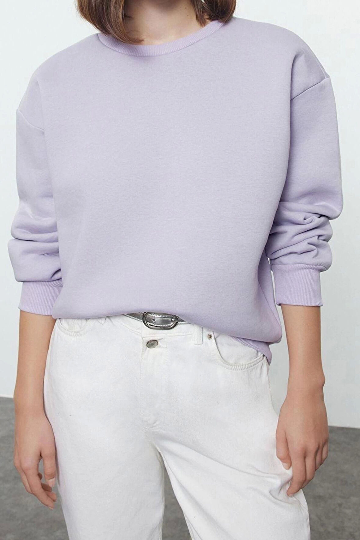 Kadın Regular Bisiklet Yaka Düşük Kol Regular Kalın İçi Polarlı Normal Kalıp Basic Örme Sweatshirt