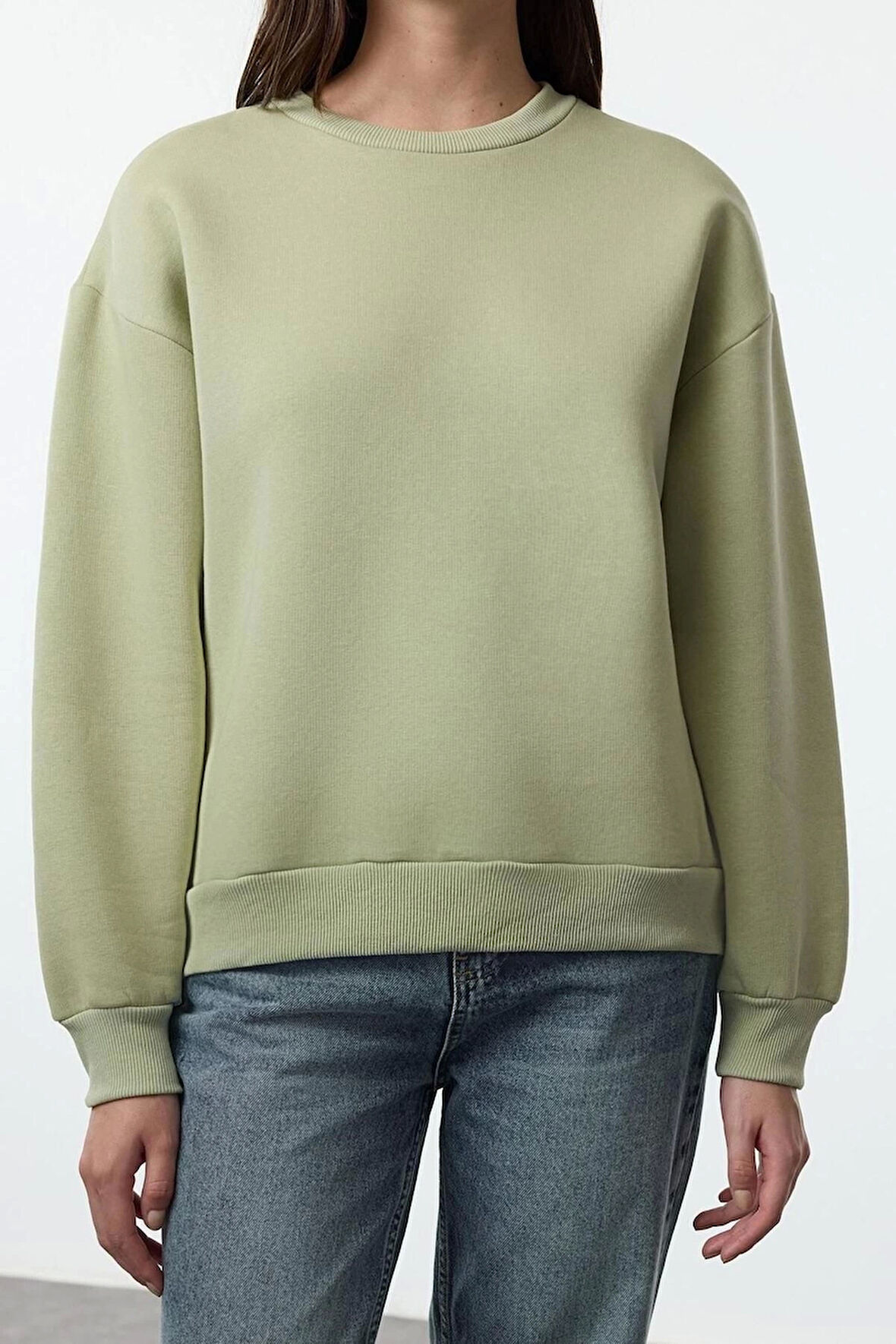 Kadın Regular Bisiklet Yaka Düşük Kol Regular Kalın İçi Polarlı Normal Kalıp Basic Örme Sweatshirt