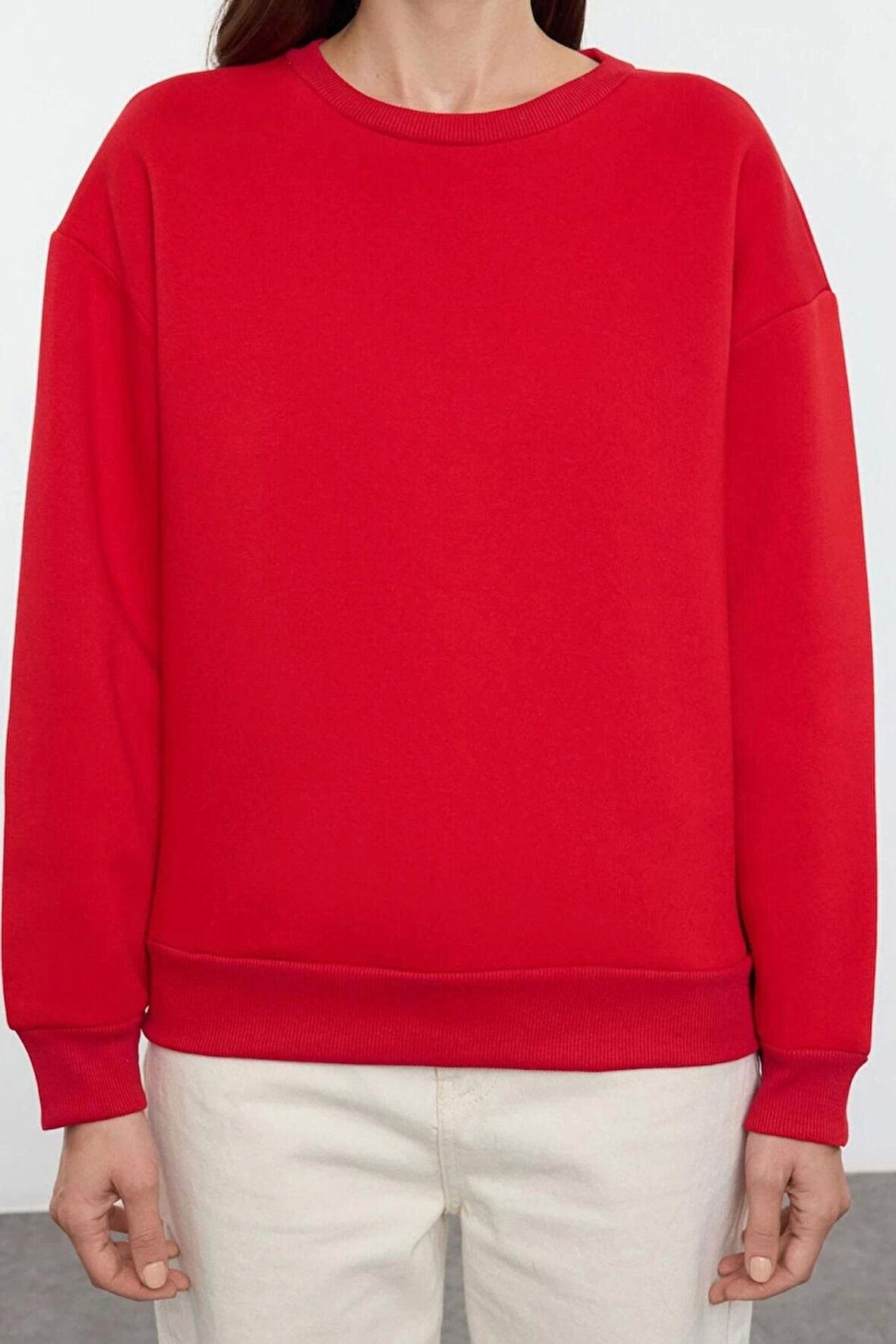 Kadın Regular Bisiklet Yaka Düşük Kol Regular Kalın İçi Polarlı Normal Kalıp Basic Örme Sweatshirt