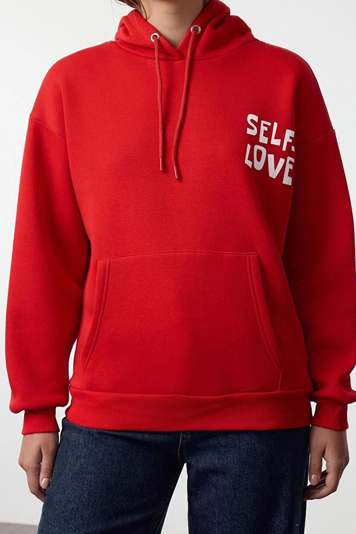 Kadın Oversize Kapüşonlu Düşük Kol Uzun Sırt Baskı Geniş Kalıp Kalın İçi Polarlı Örme Sweatshirt
