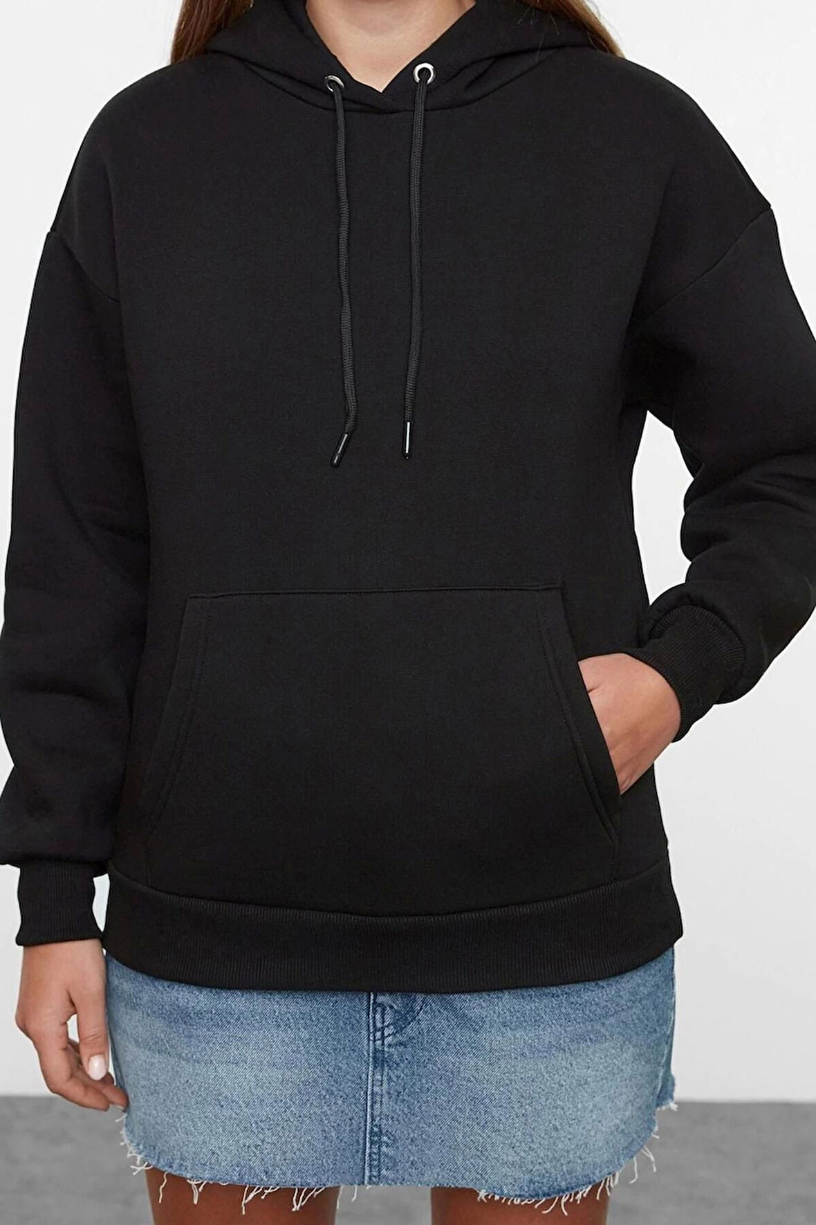 Kadın Moda Bol Kapüşonlu Düşük Kol Uzun Sırt Baskılı Geniş Kalıp Kalın İçi Polarlı Örme Sweatshirt