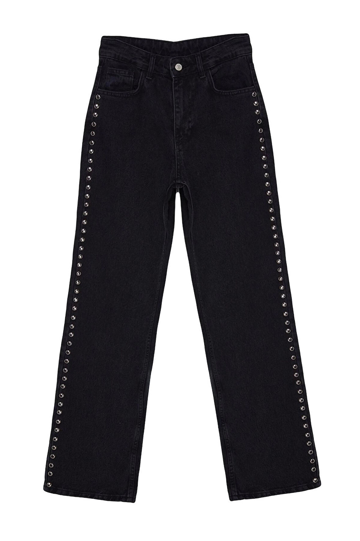 Kadın Moda Şık Kot Pantolon Geniş Paça Uzun Boy Denim Trok Detaylı Yüksek Bel Jeans