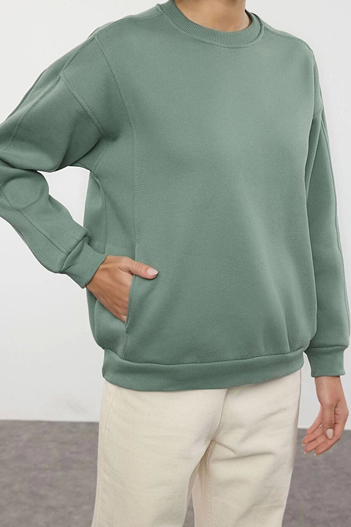 Kadın Moda Şık Bol Bisiklet Yaka Düşük Kol Uzun Geniş Kalıp Cepli Kalın Örme Sweatshirt