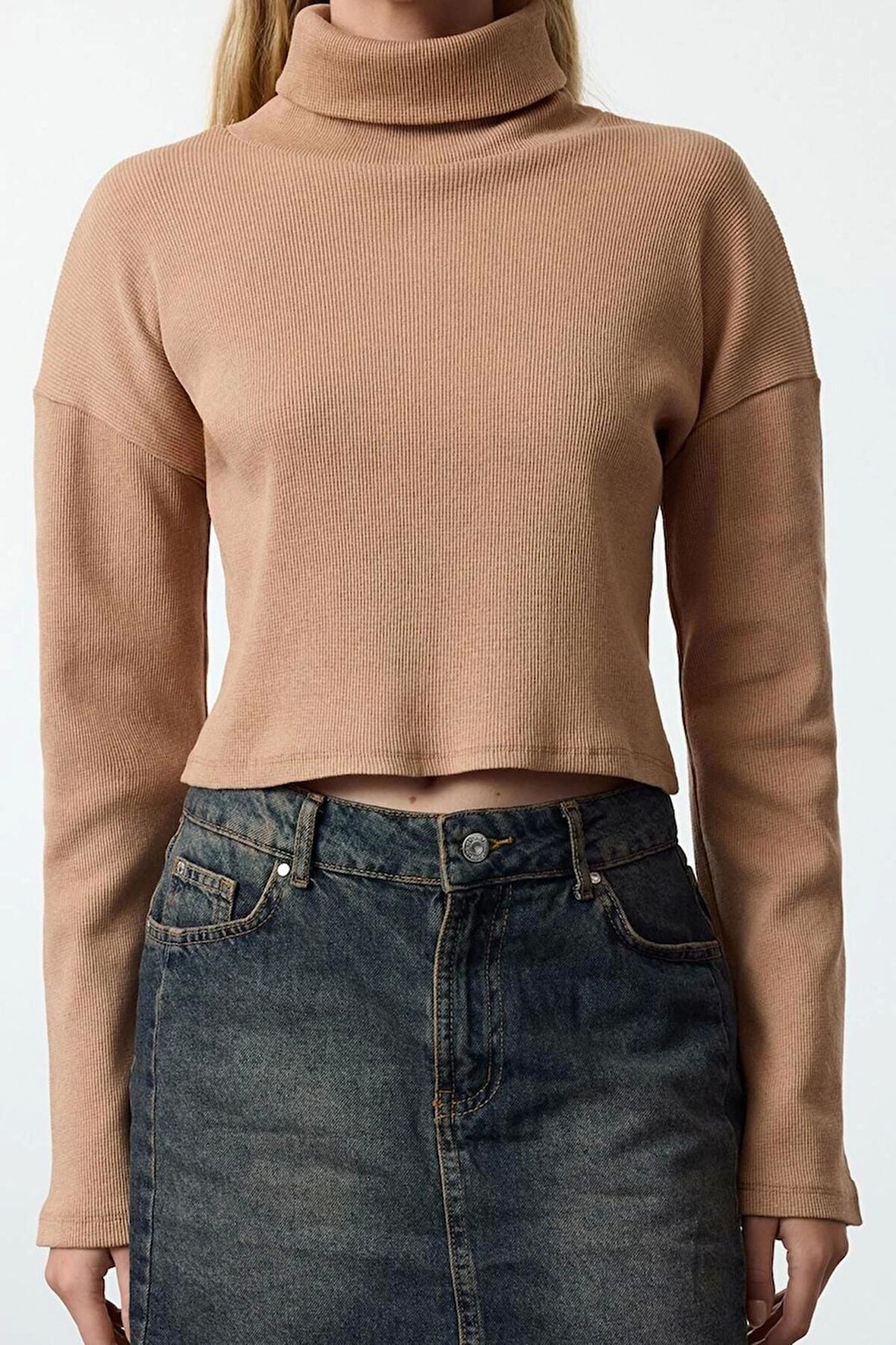 Kadın Moda Şık Üst Giyim Super Crop Dik Yaka Slim Kalıp Örme Fitted Vücuda Crop Esnek Bluz
