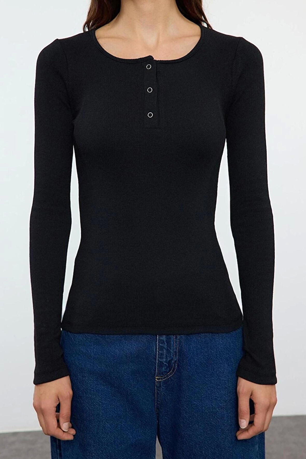 Kadın Moda Şık Regular Havuz Yaka Slim Kalıp Örme Çıtçıtlı Fitted Vücuda Oturan Fitilli Esnek Bluz