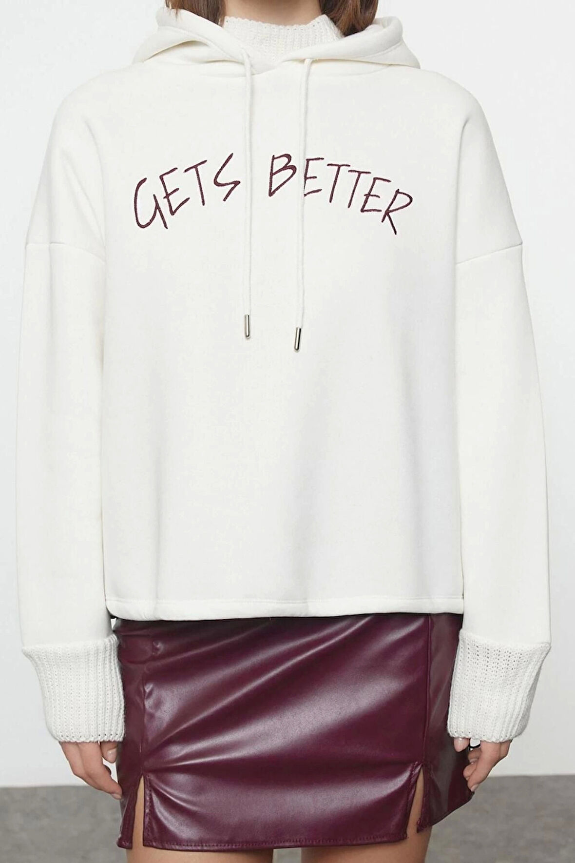 Kadın Moda Şık Relaxed Kapüşonlu Düşük Kol Uzun Kalın İçi Polarlı Triko Bant Detaylı Örme Sweatshirt
