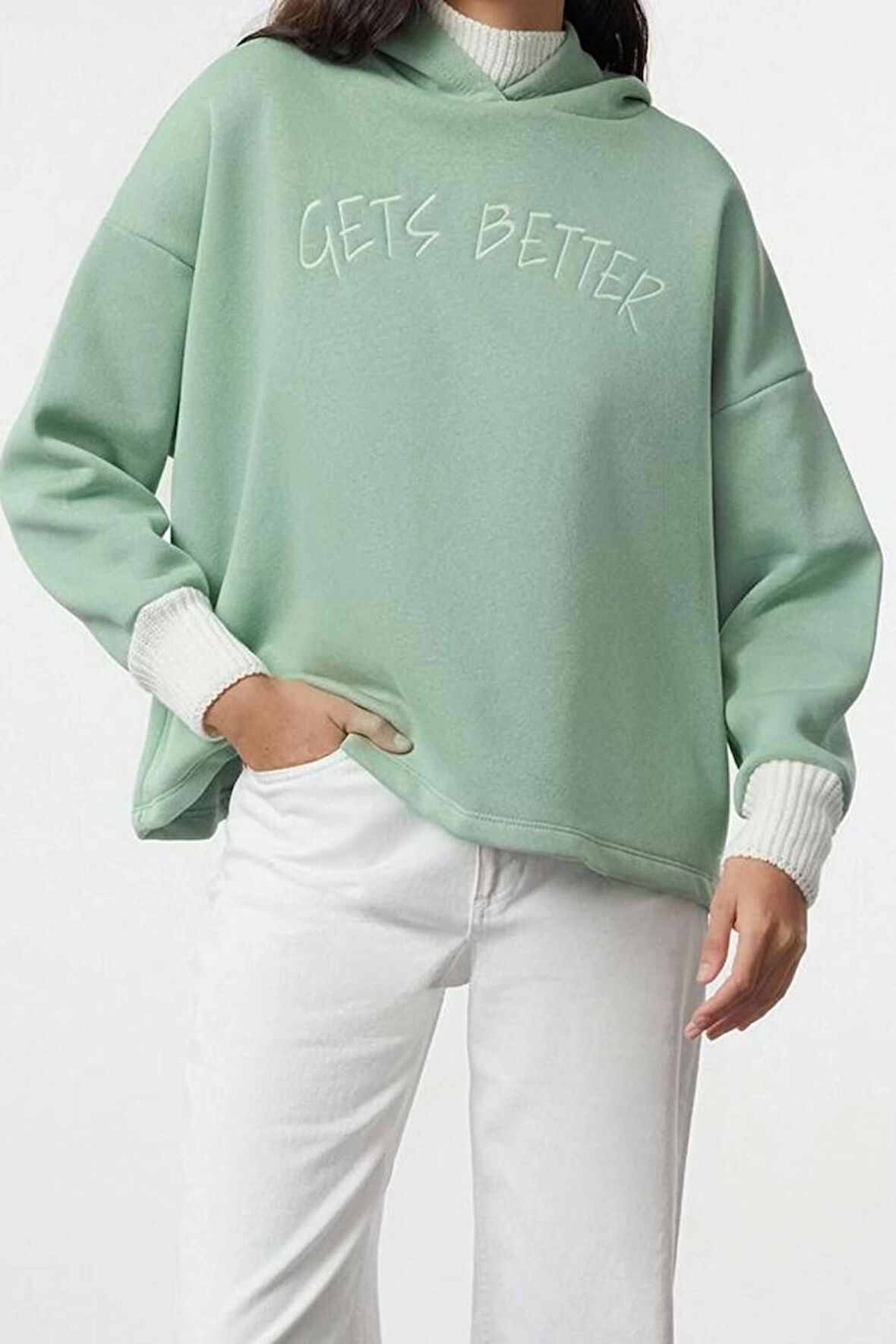 Kadın Moda Şık Relaxed Kapüşonlu Düşük Kol Uzun Kalın İçi Polarlı Triko Bant Detaylı Örme Sweatshirt
