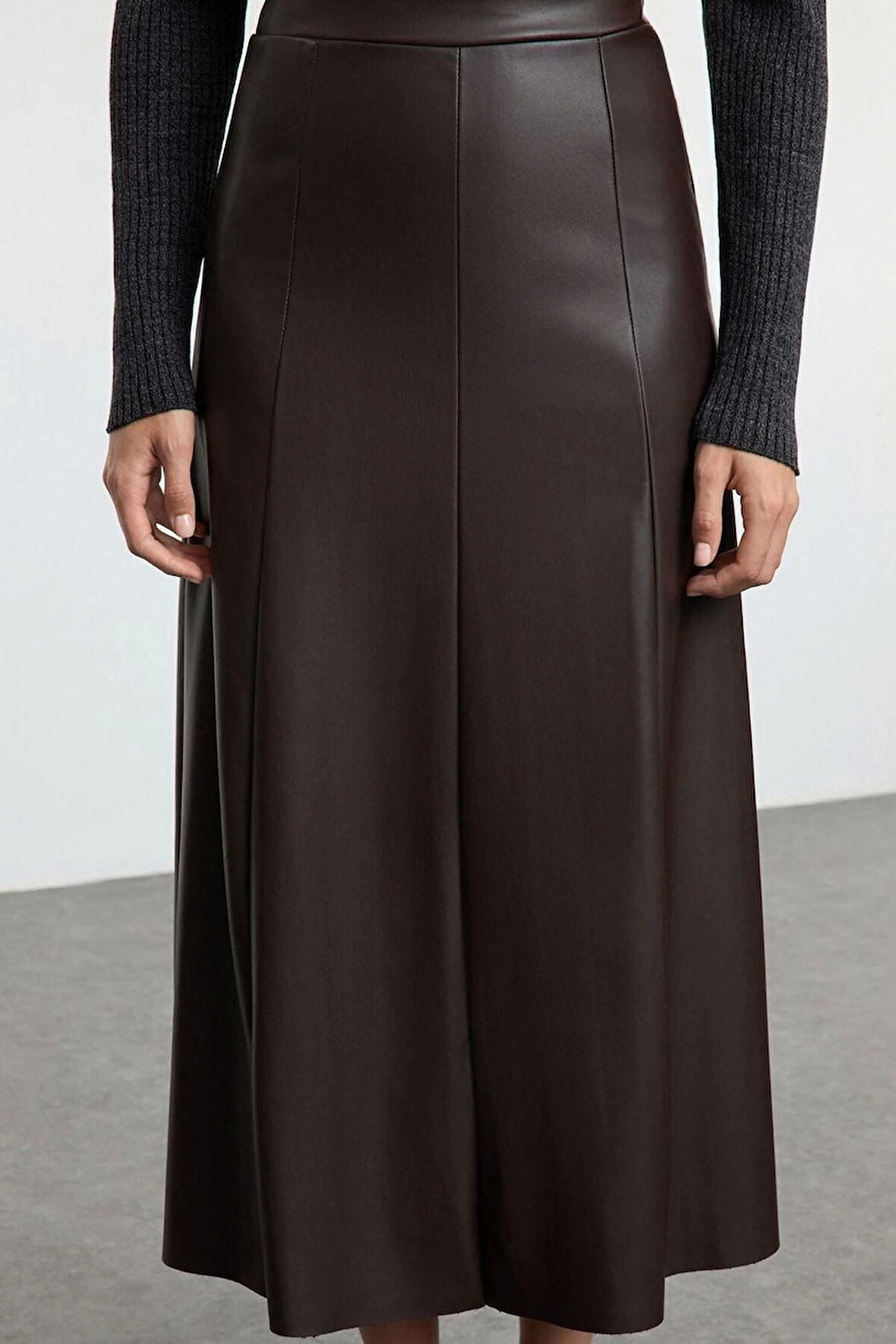 Kadın Moda Stil Maxi Astarsız Örme Suni Deri Yüksek Bel Maxi Etek