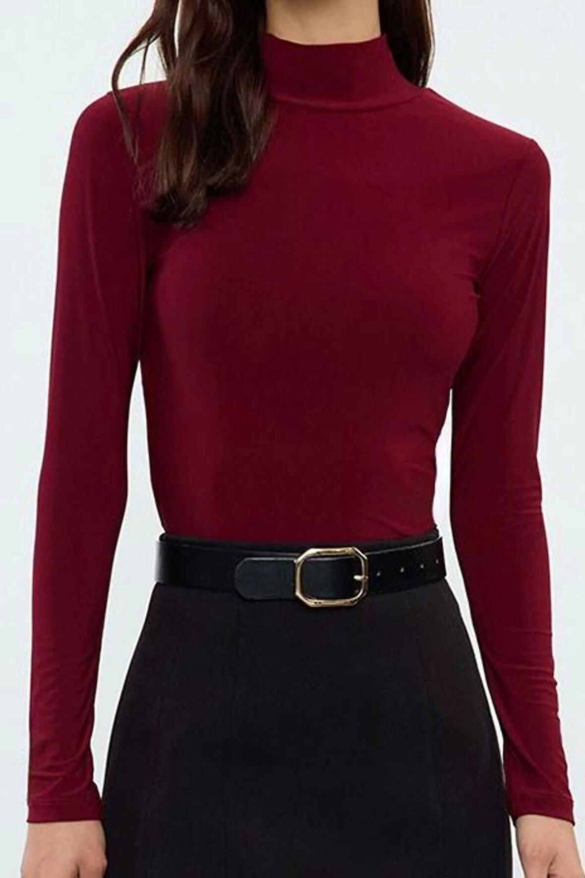 Kadın Moda Şık Regular Dik Yaka Slim Kalıp Örme Fitted Vücuda Oturan Kollu Fitilli Esnek Bluz