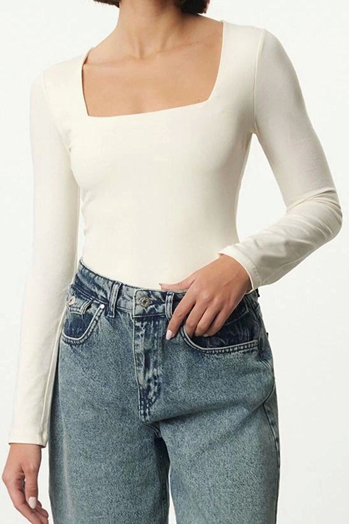 Kadın Moda Şık Üst Giyim Regular Kare Yaka Slim Kalıp Örme Pamuklu Fit Bluz