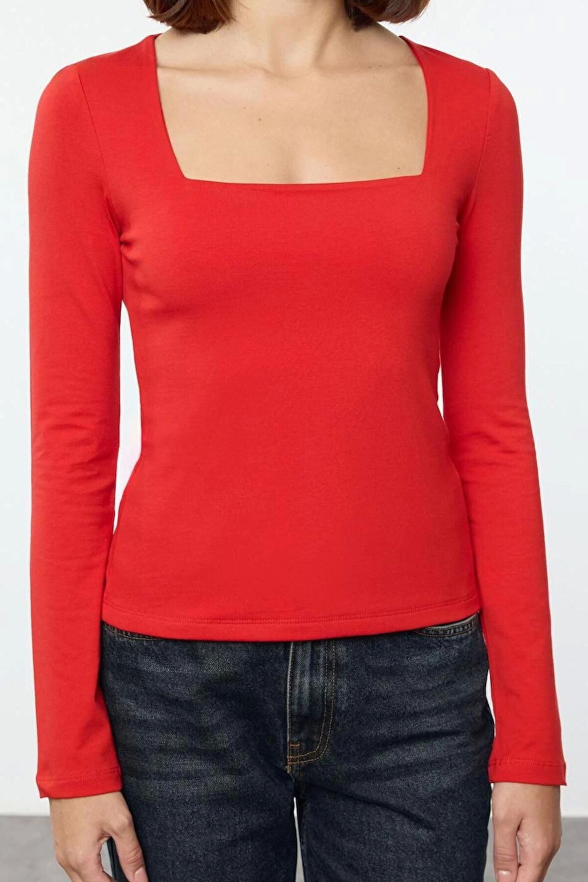 Kadın Moda Şık Üst Giyim Regular Kare Yaka Slim Kalıp Örme Pamuklu Fit Bluz