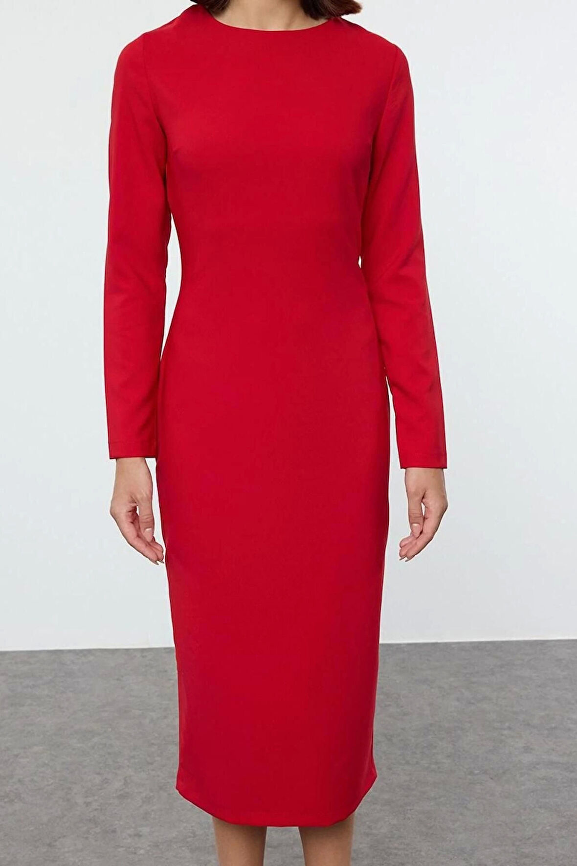 Kadın Moda Şık Midi Boy Bisiklet Yaka Regular Vücudu Saran Dokuma Elbise
