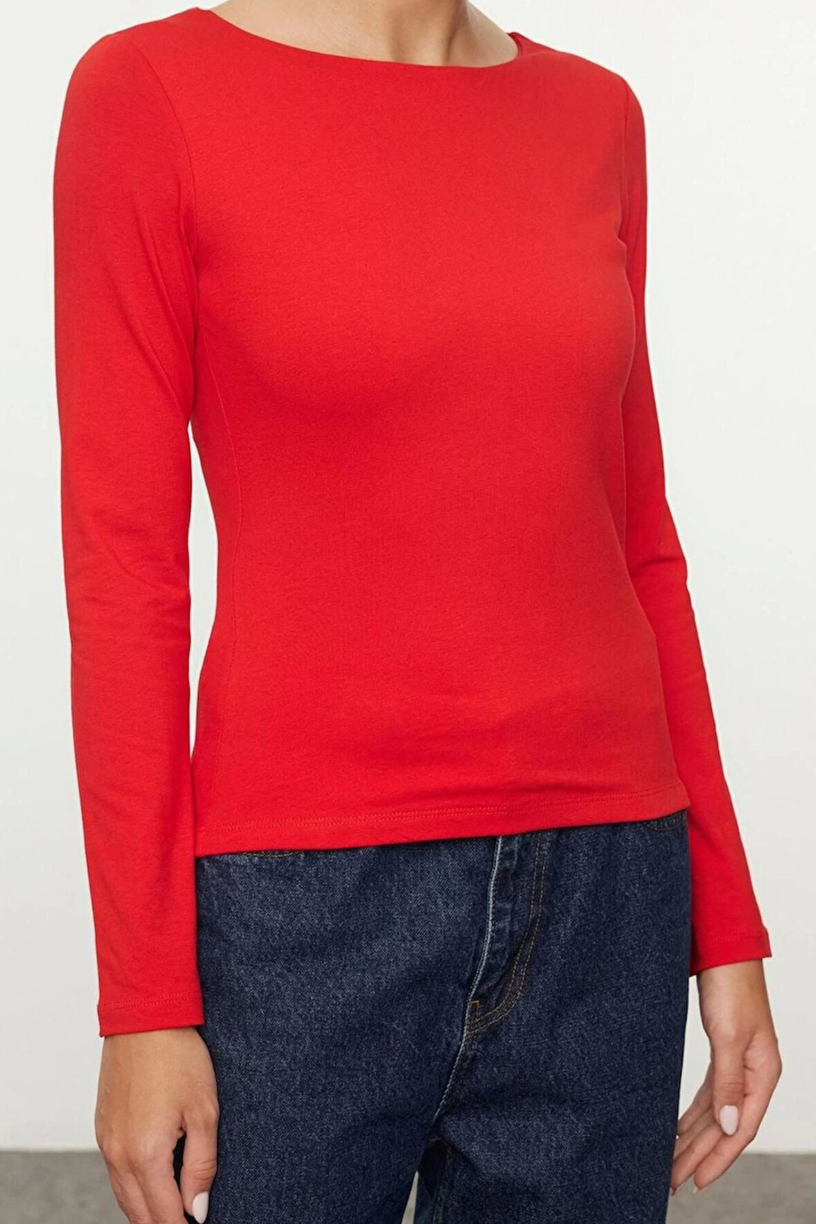 Kadın Moda Şık Üst Giyim Crop Kayık Yaka Slim Kalıp Örme Pamuklu Fitted Vücuda Oturan Esnek Bluz