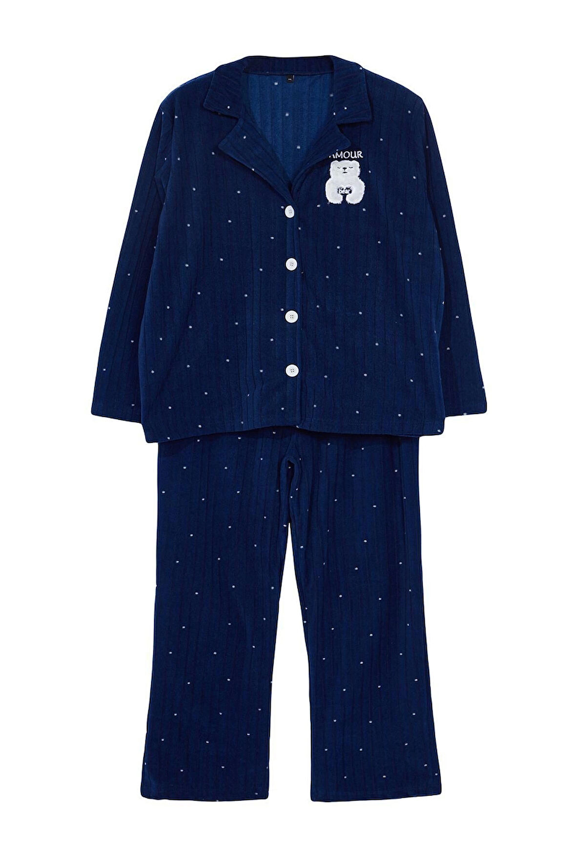 Kadın Moda Şık Büyük Beden Gömlek Yaka Boru Paça Uzun Kol Puantiyeli Örme Pijama Takımı