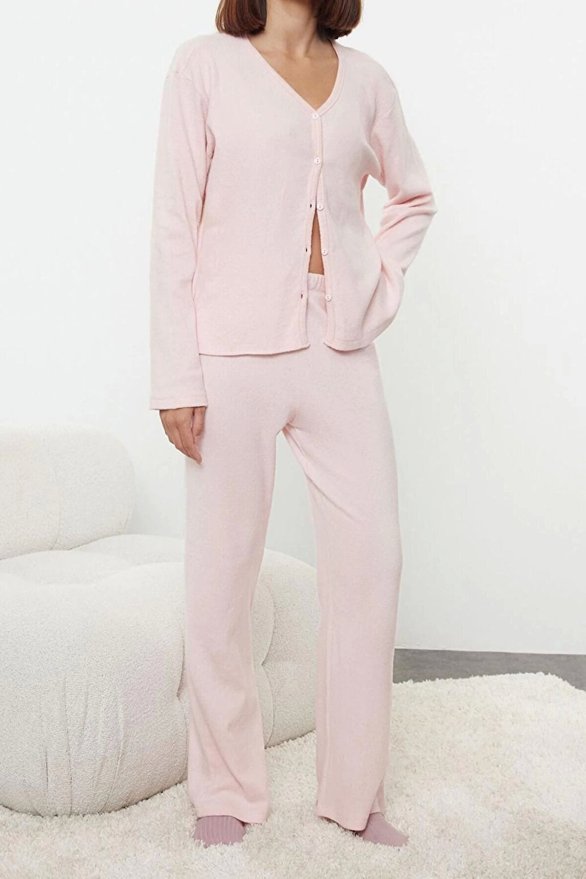 Kadın Moda Şık Gömlek Yaka Boru Paça Uzun Kol Fırçalı Soft Fitilli Hırka Örme Pijama Takımı