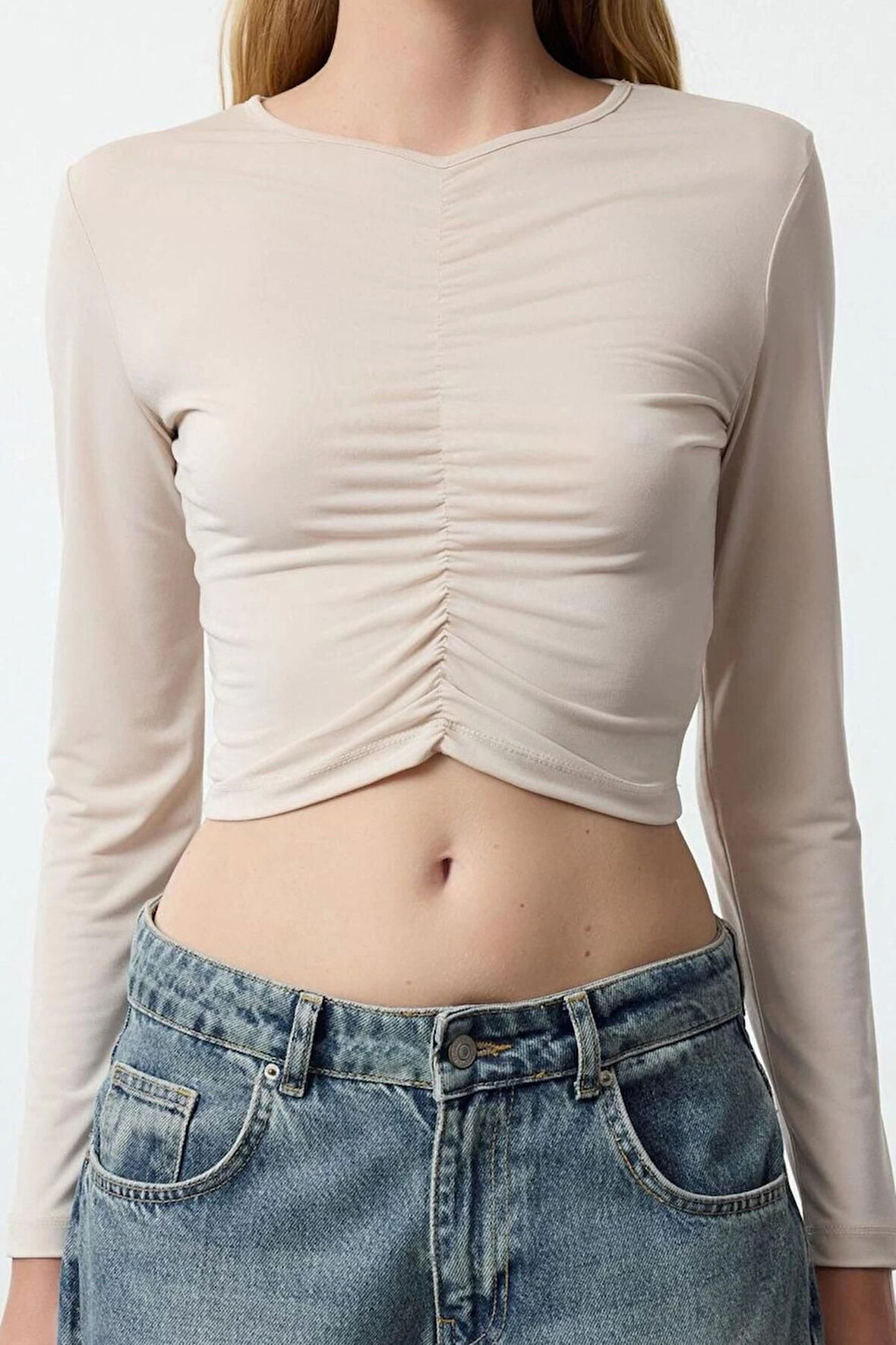 Kadın Super Crop Bisiklet Yaka Slim Kalıp Örme Fitted Vücuda Oturan Büzgü Detaylı Crop Esnek Bluz