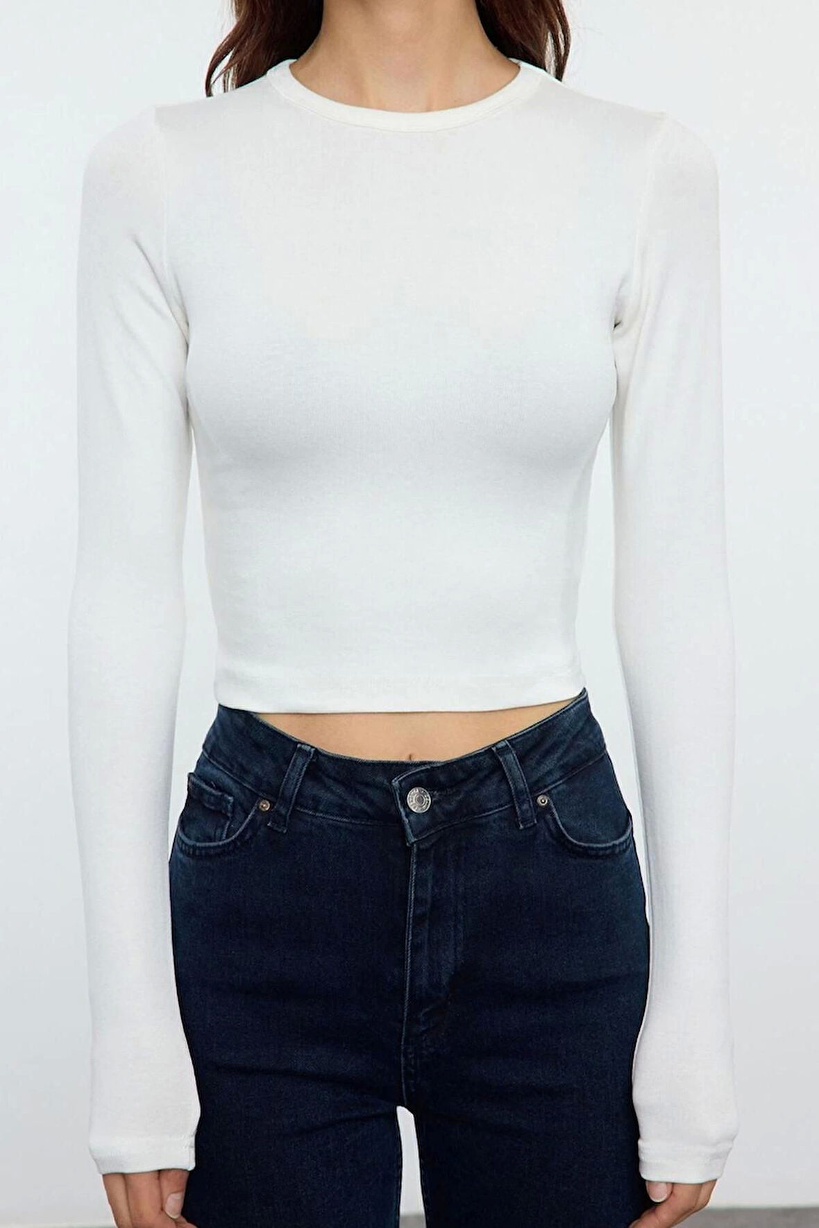 Kadın Moda Şık Üst Giyim Crop Bisiklet Yaka Slim Kalıp Örme Viskoz Yumuşak Kumaşlı Fitted Esnek Bluz